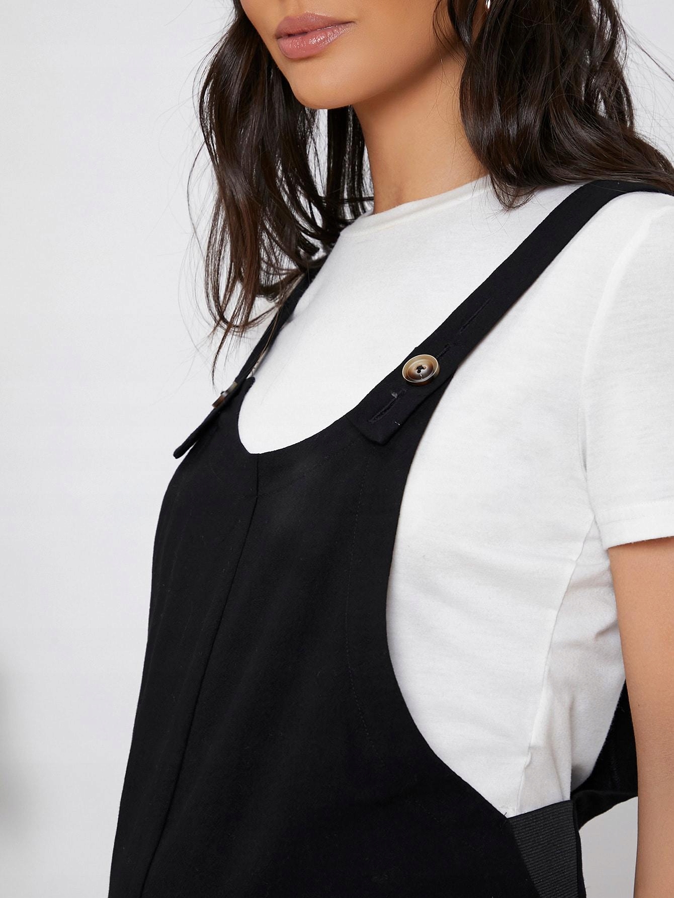 CZARNE DŁUGIE RAMIĄCZKA SHEIN 46 PROSTY KOMBINEZON OGRODNICZKI CIĄŻOWE Kolor czarny