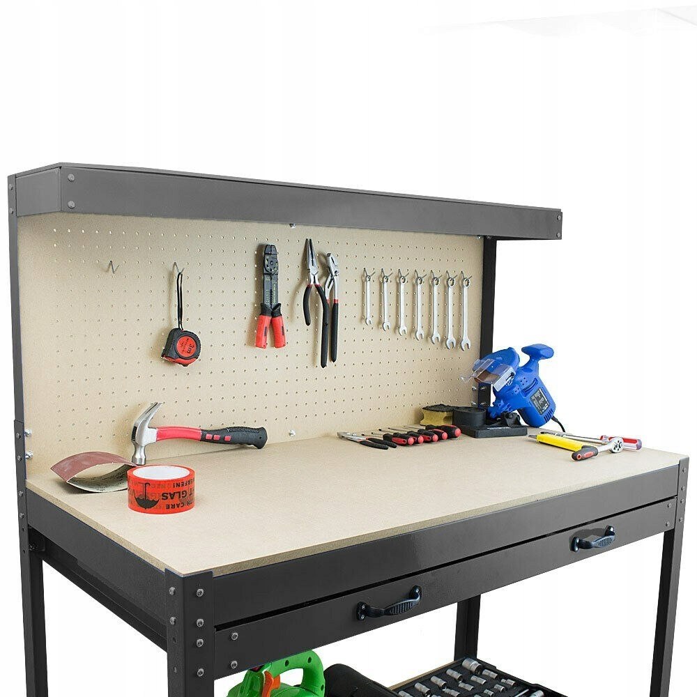STÓŁ WARSZTATOWY ROBOCZY Z SZUFLADĄ I UCHWYTAMI HACZYKAMI CZARNY DO GARAŻU Wysokość produktu 140 cm