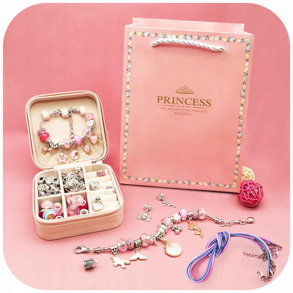 ZESTAW KORALIKÓW DO ROBIENIA NASZYJNIKÓW BIŻUTERII BRANSOLETEK DIY + TORBA Wiek dziecka 3 lata +