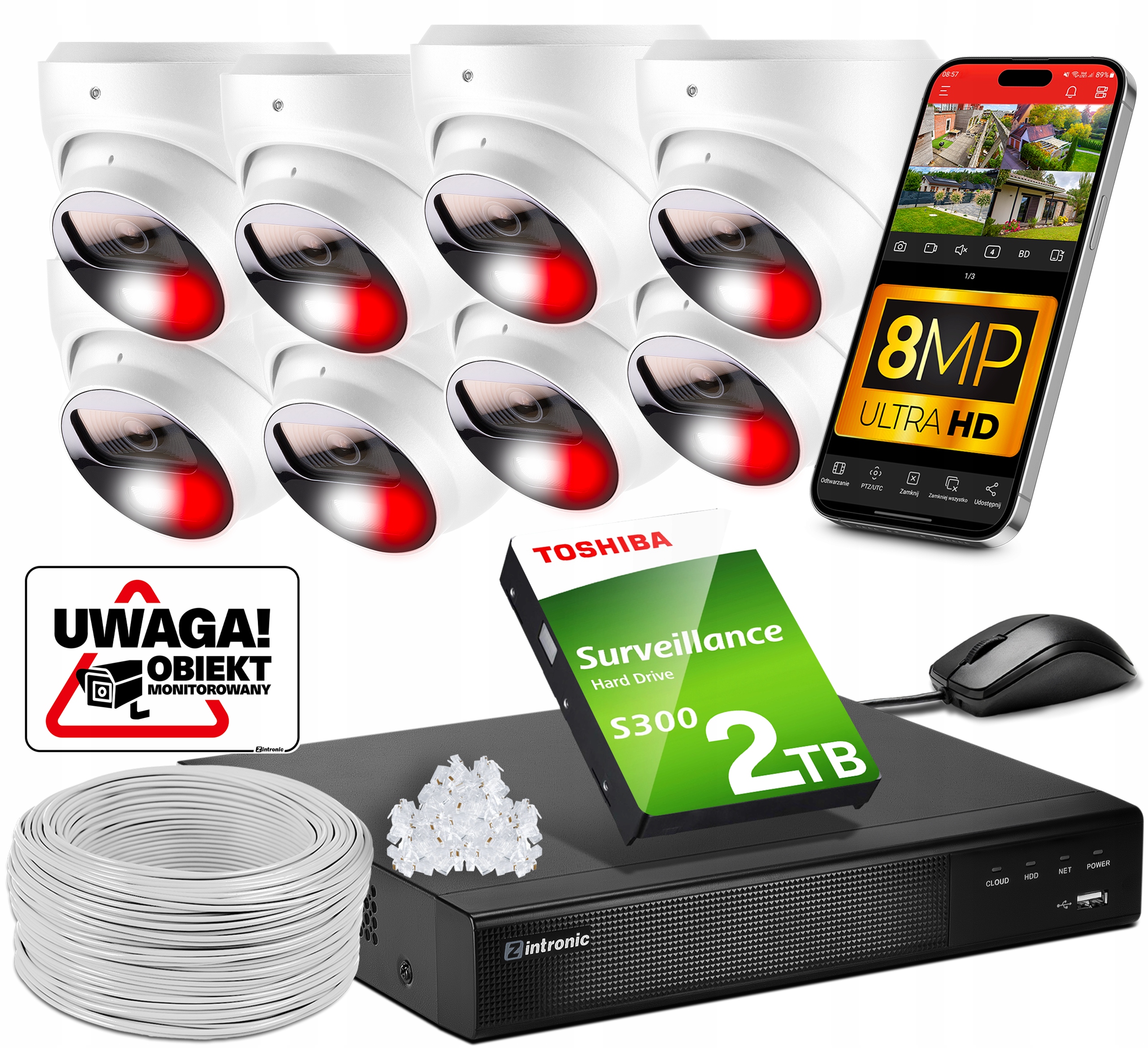 Sada na monitorovanie 8 kamier Poe 4K Uhd 8MPx 2TB Detekcia, Zápis Audio