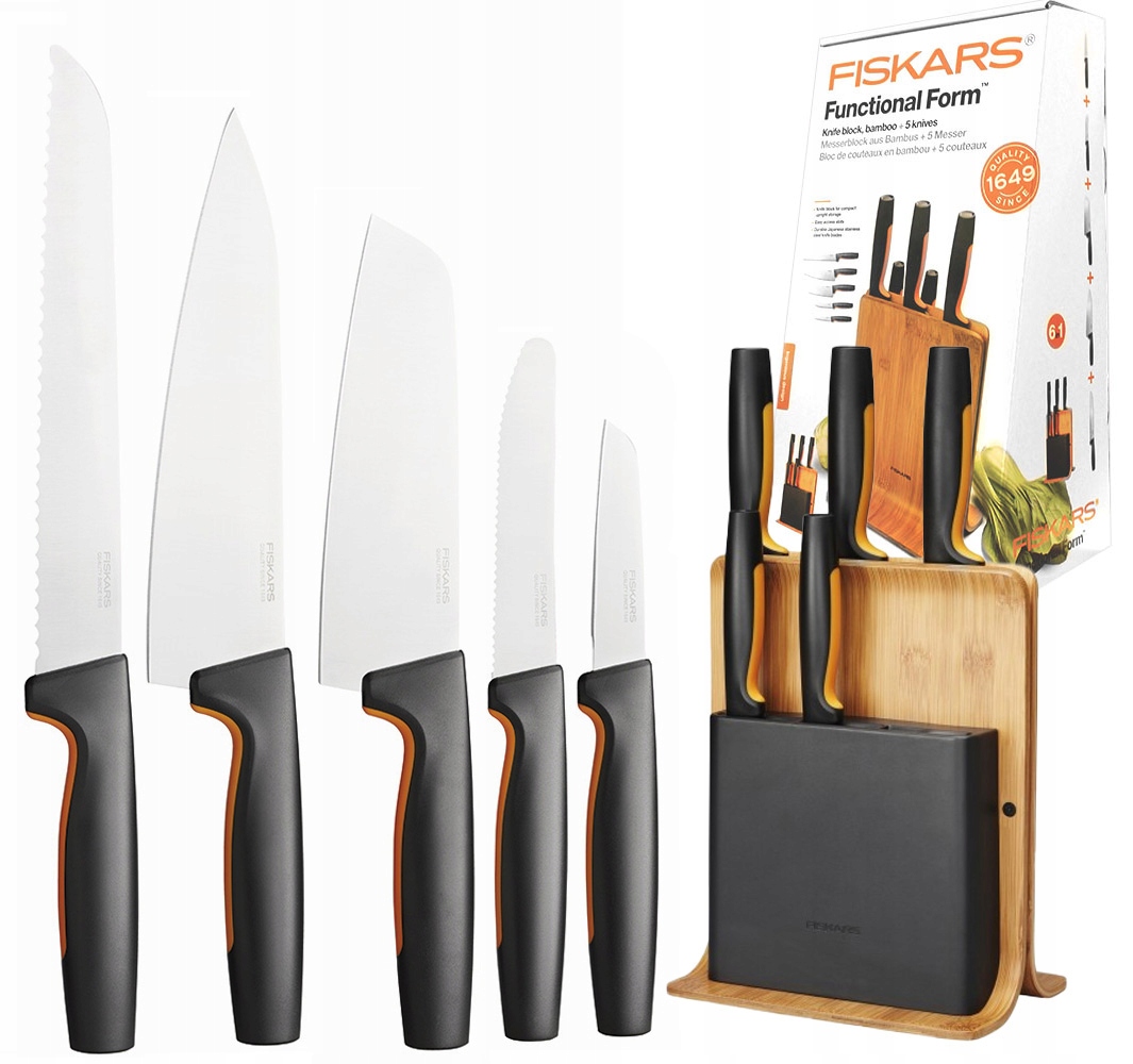 

Zestaw 5 noży kuchennych w bloku bambus Fiskars