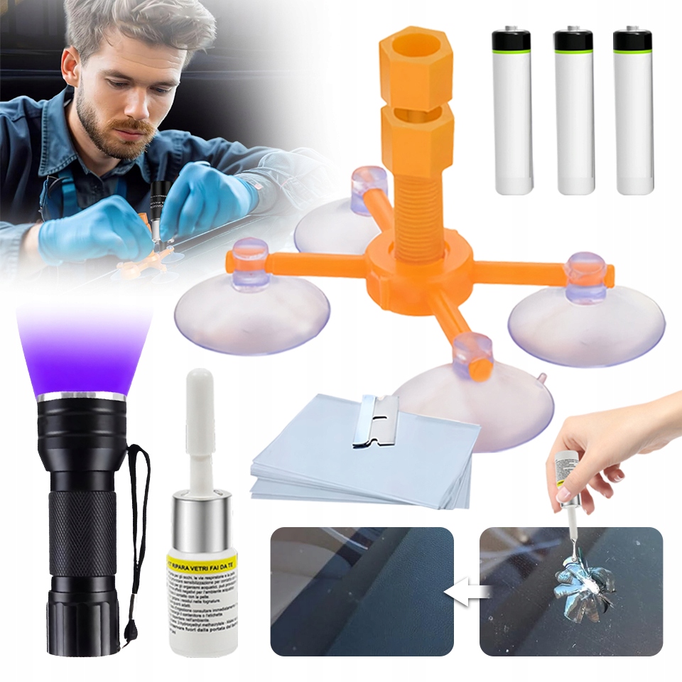 ZESTAW DO NAPRAWY SZYBY SAMOCHODOWEJ NAPRAWCZY KLEJ NA ODPRYSKI PĘKNIĘCIA Kolor bezbarwny