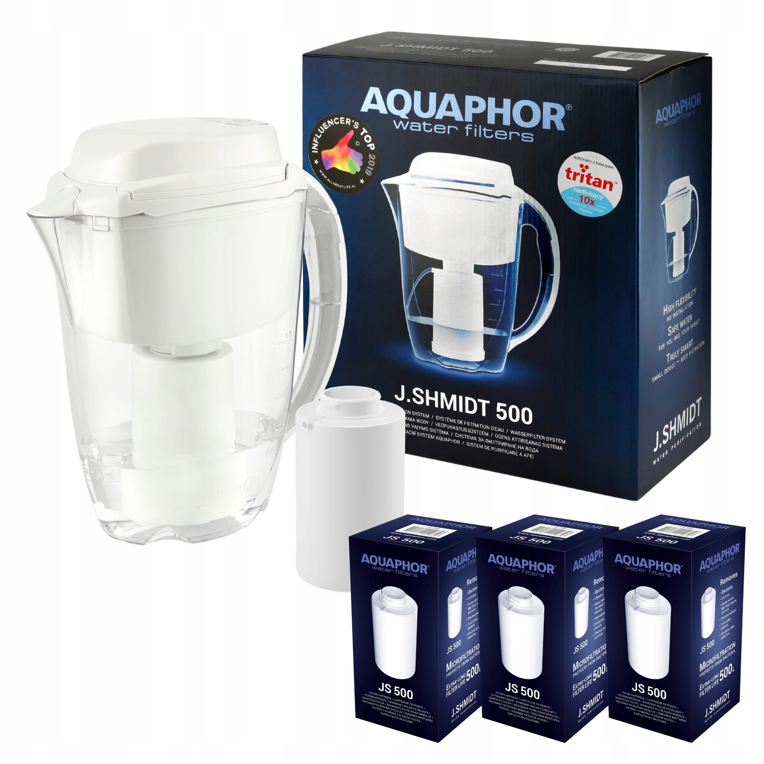 Dzbanek filtrujący Wodę Aquaphor J. Shmidt z 3 filtrami węglowymi Js 500
