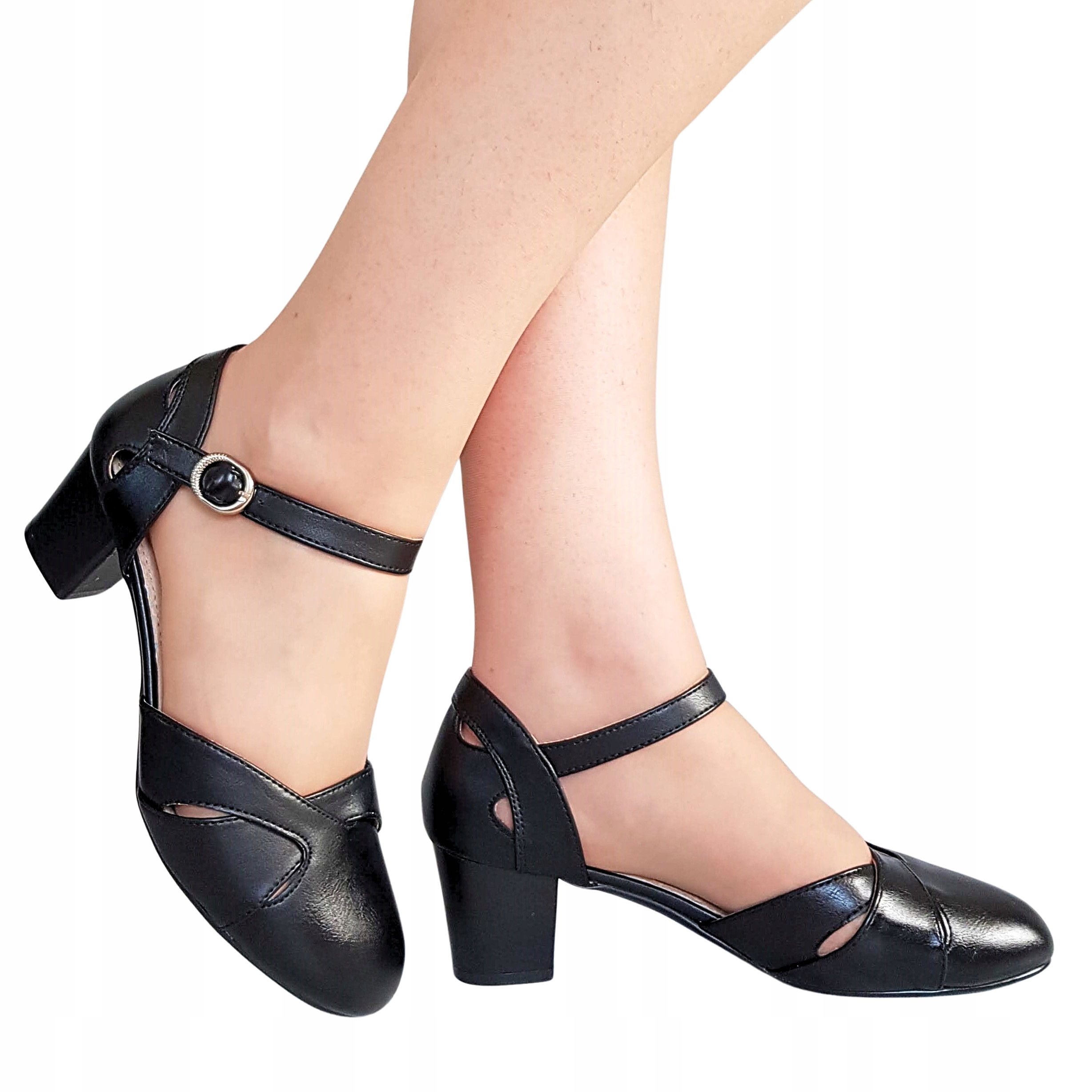 Czarne Wycinane Buty Czółenka Słupek 5 Cm Wkładka Skóra 38