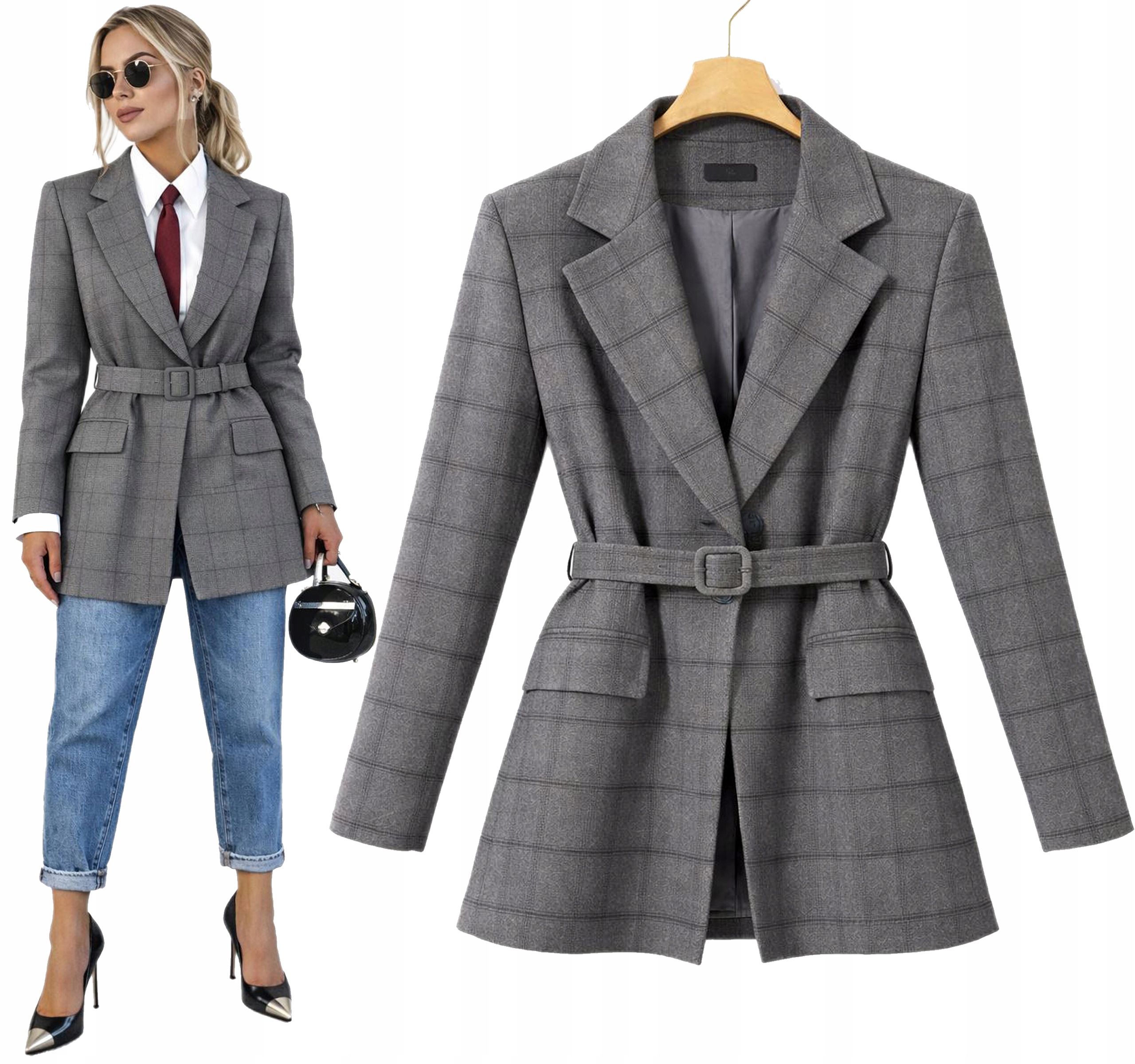 Modna Marynarka Damska Żakiet w kratkę z paskiem stylowa Casandra