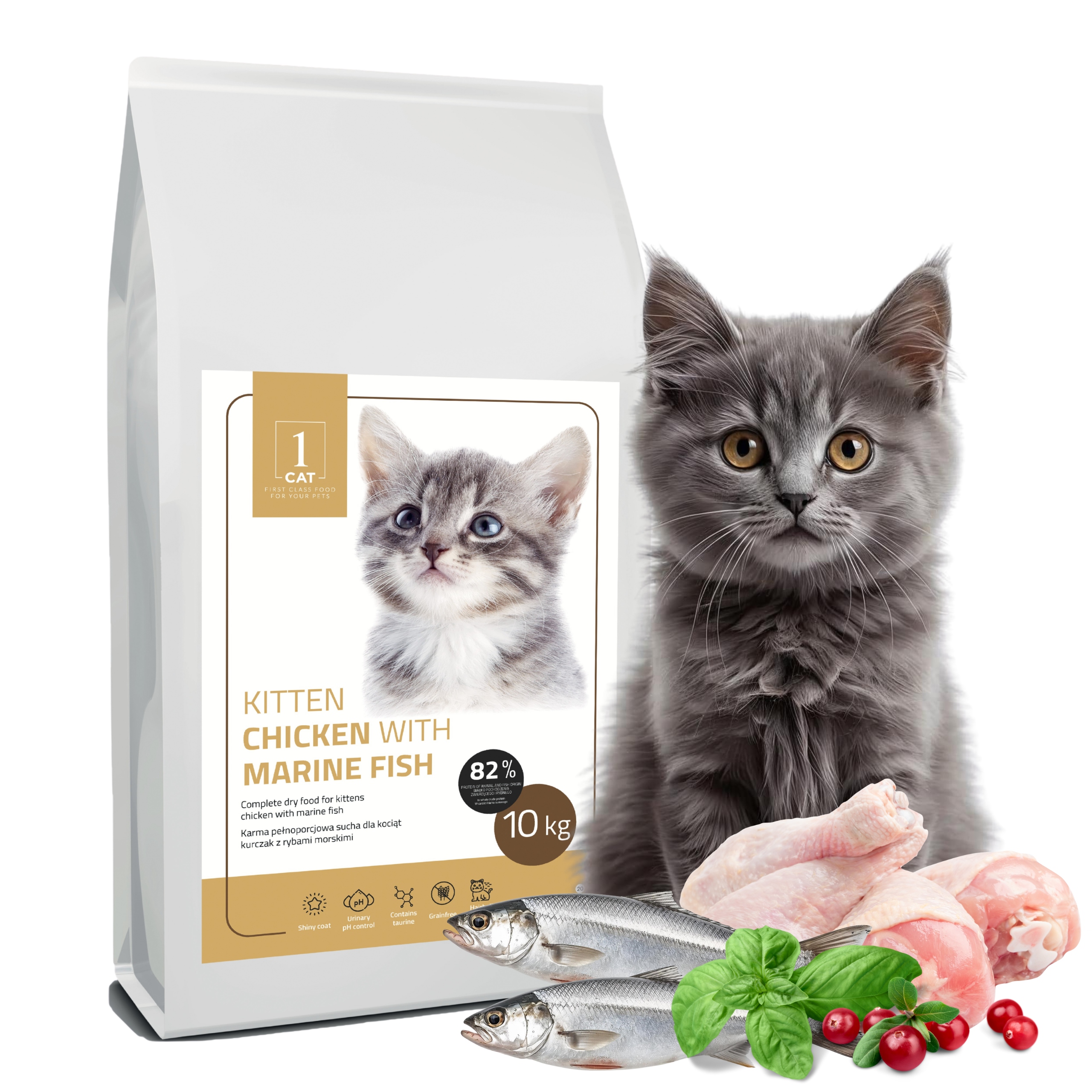 Sucha karma dla kociąt kurczak z rybami morskimi 10kg 1CAT drobny granulat