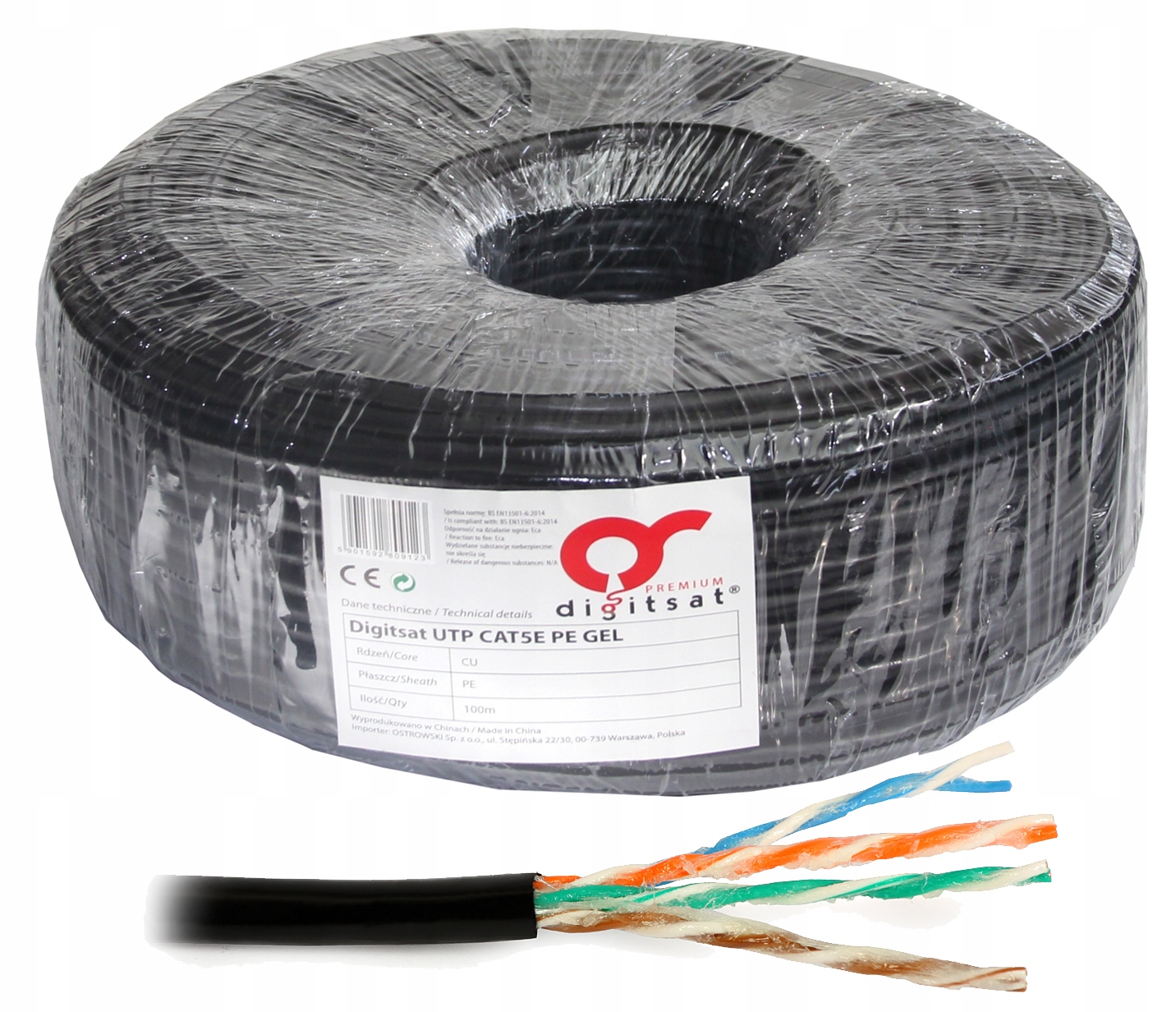 Przewód U/utp kat. 5e Digitsat skrętka zewnętrzna czarna żelowany 100m