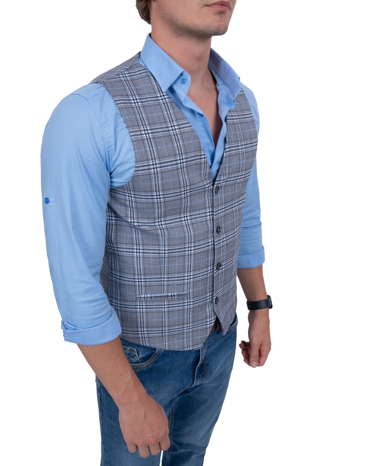 Szara kamizelka w kratę meska elegancka - 54 Rozmiar 54