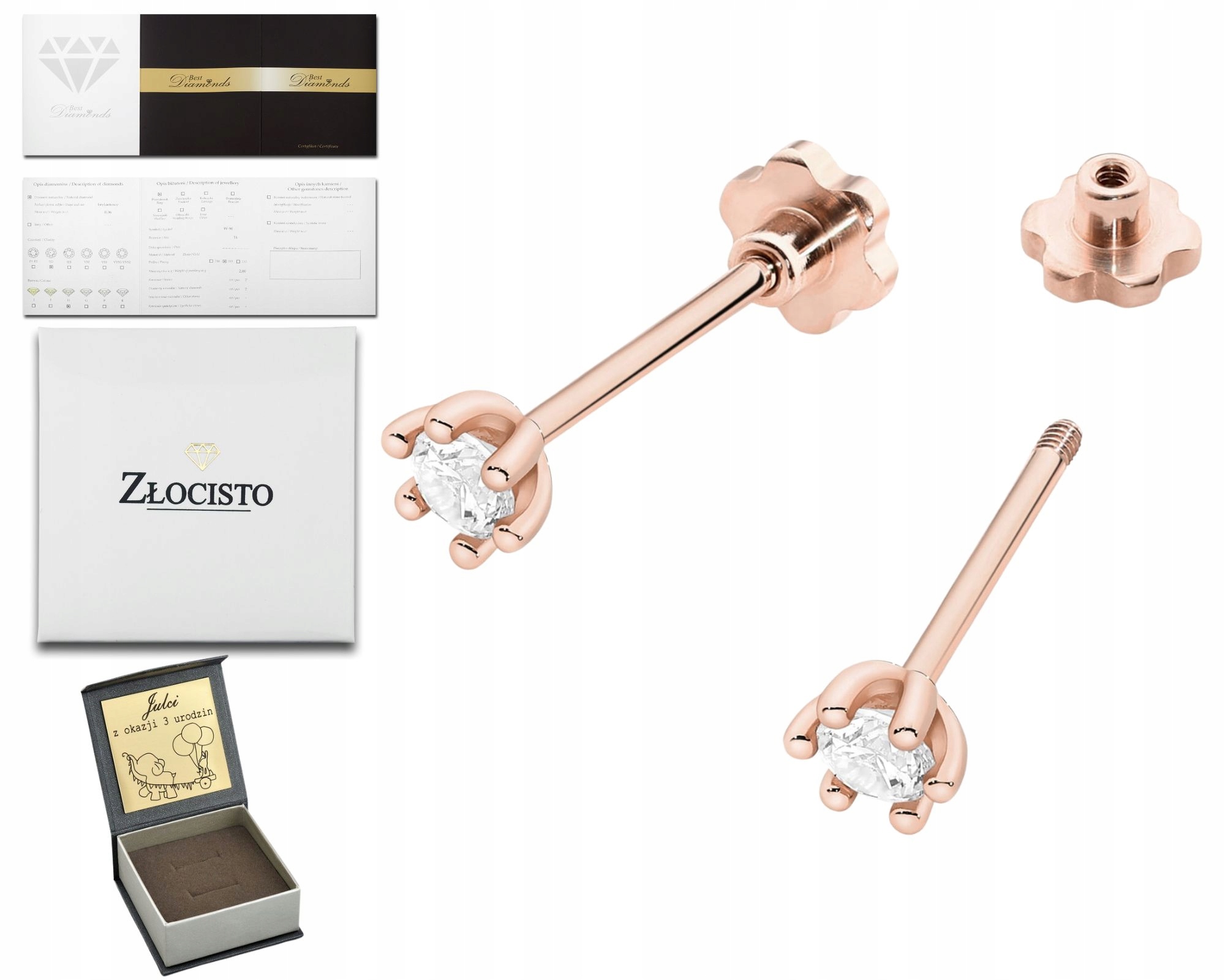 Růžové Zlato Náušnice S Diamantem, Klasický Gravírování