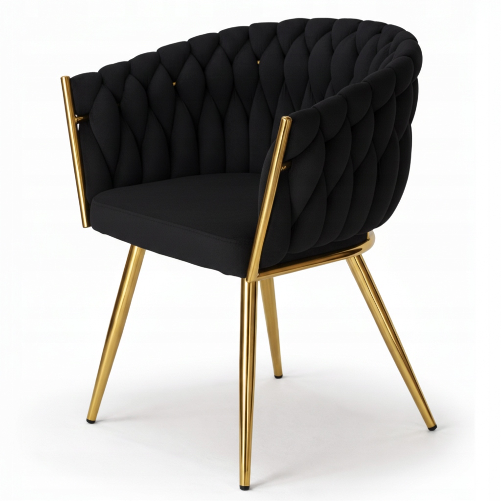 Krzesło Tapicerowane Plecione Oparcie Welurowe Złote Nogi Czarne