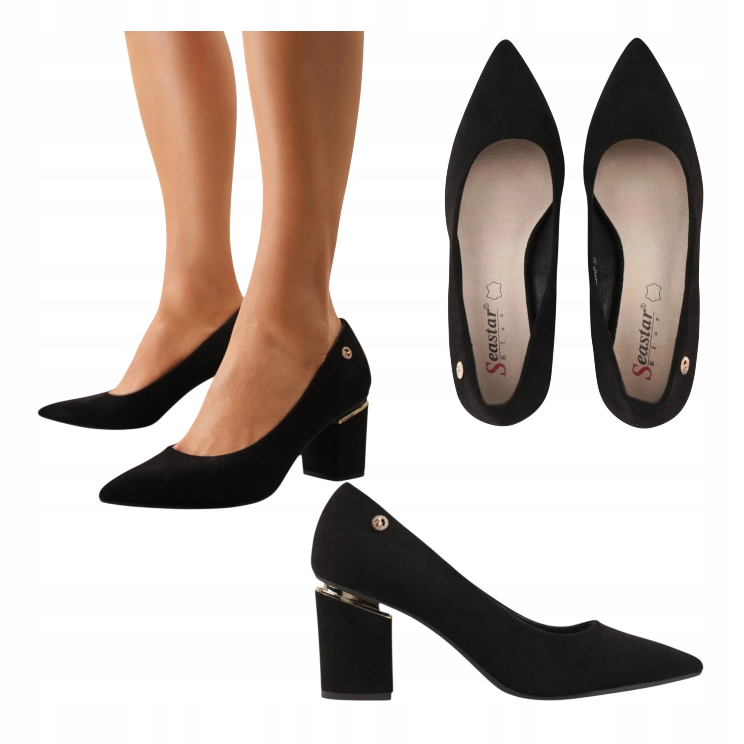 Damskie Czółenka Skóra Zamszowa Niski Obcas Słupek Modne Czarne 36