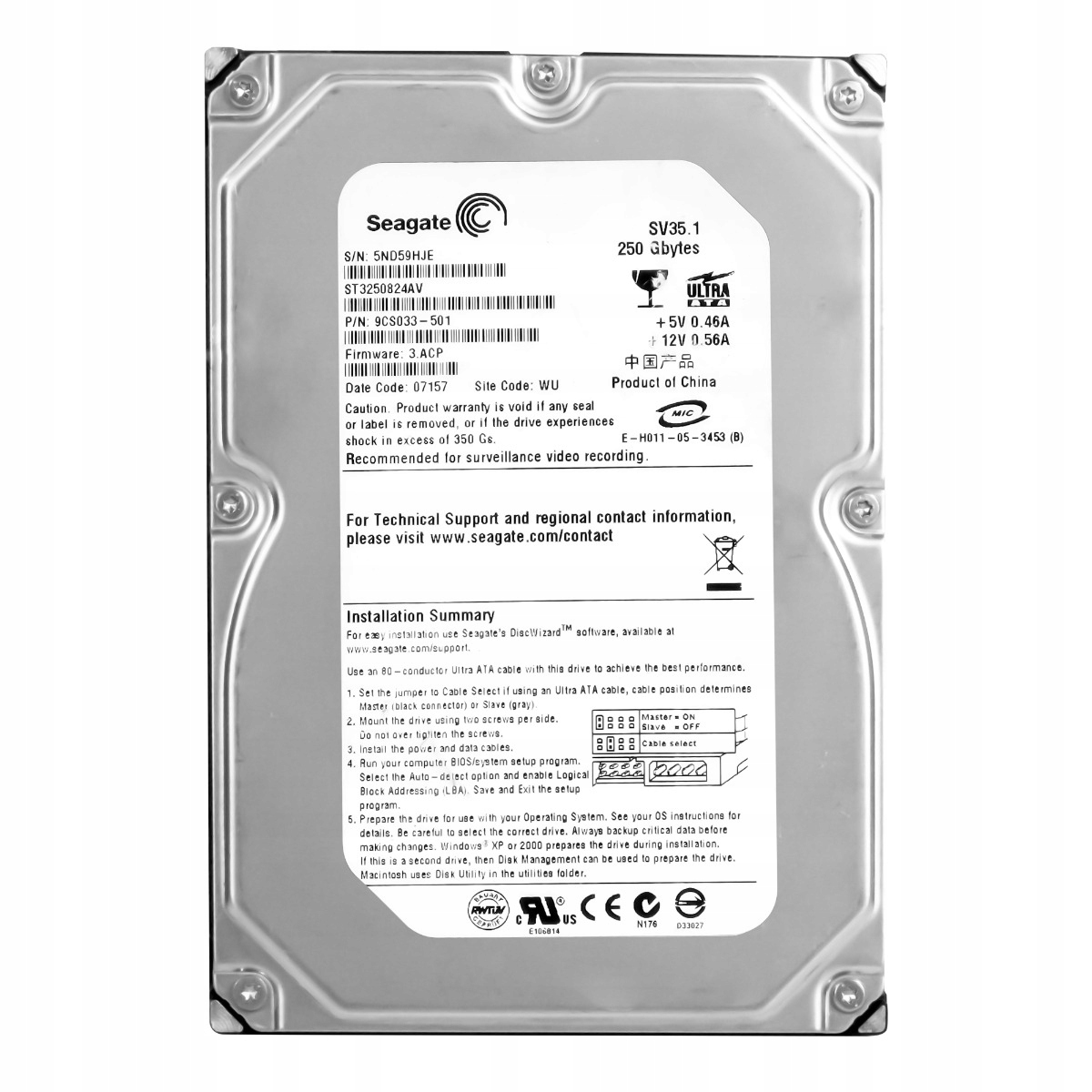 Seagate SV35.1 250GB 7.2K 8MB Ata 3.5' ST3250824AV