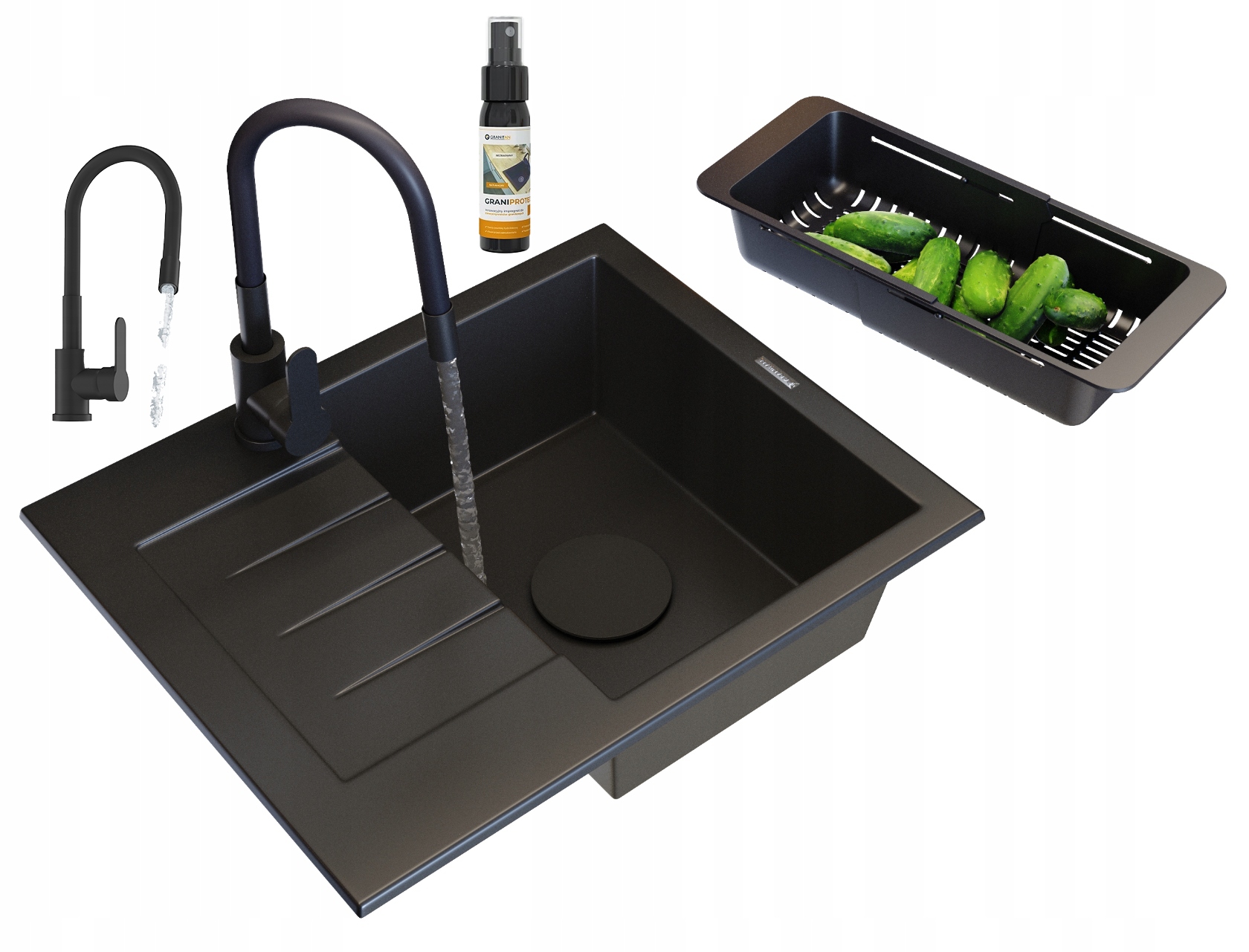 Granitový Drez, Čierna Kuchynská Batéria, Košík, Záslepka, Milano Sada