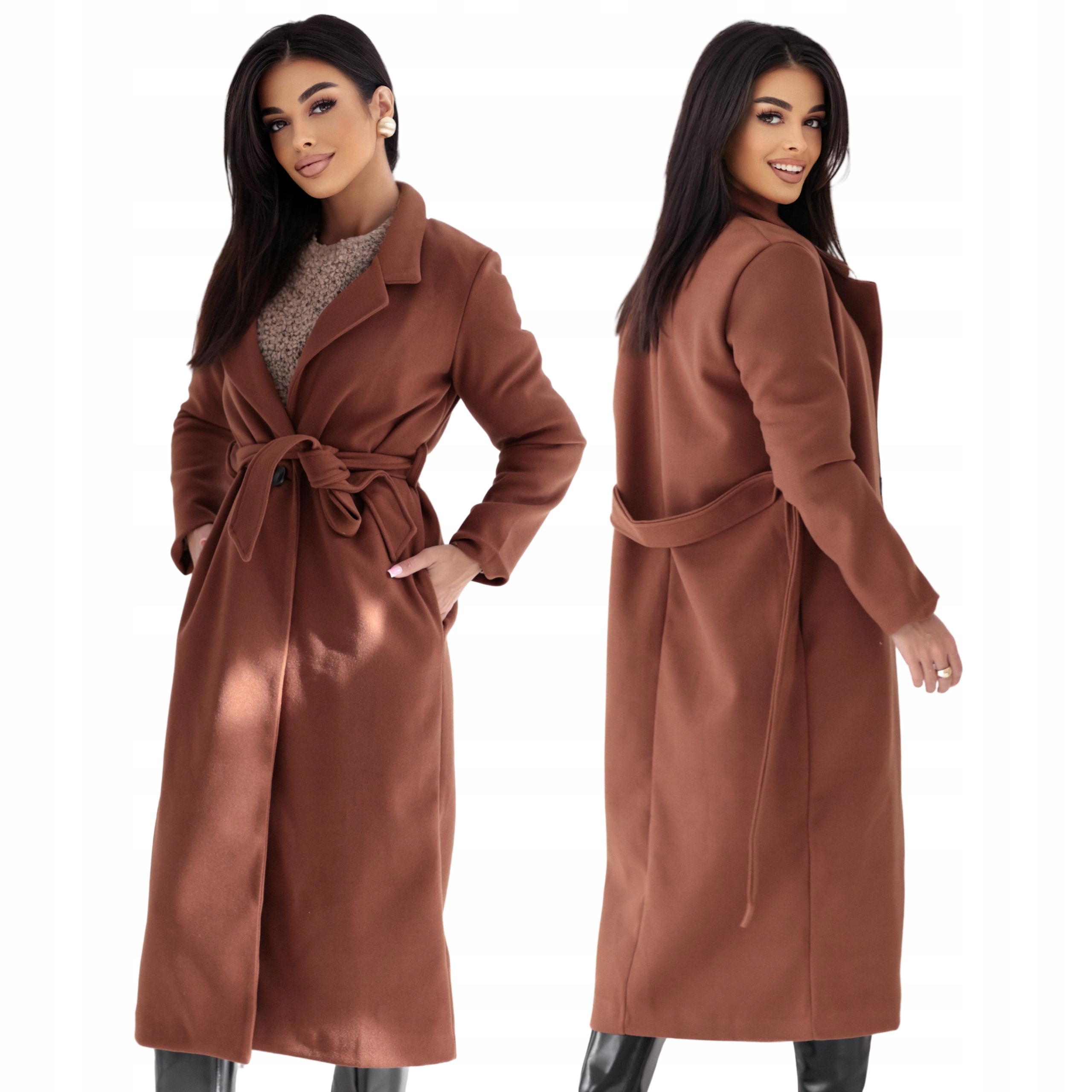 Elegantní dámský kabát dlouhý, vázaný, flaušový, klasický, hnědý, M