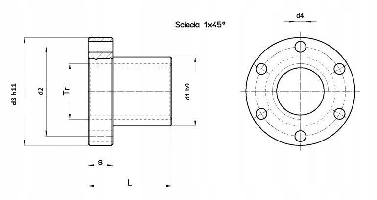 Nakrętka trapezowa brązowa z kołnierzem 40x7 Lewozwojna Model NTRBZK40X7L