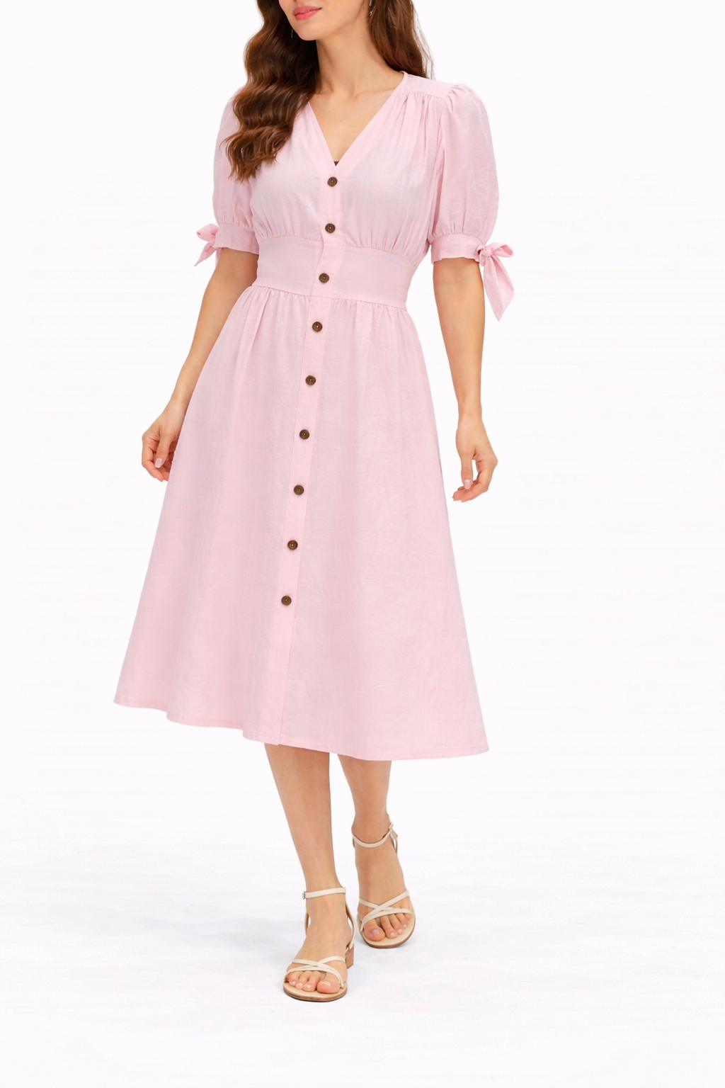 Różowa sukienka midi guziki V-neck wiskoza włoska