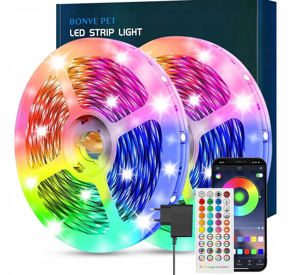 Taśma LED Bonve Pet 20M(10Mx2) diody LED RGB aplikacja Bluetooth pilot