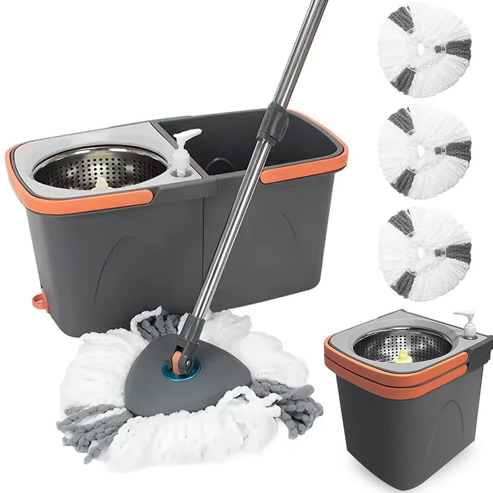 Levně Mop Kulatý Se Ždímačem S Dvoukomorovým Kbelíkem 3 Vložky Z Mikrovlákna Sada