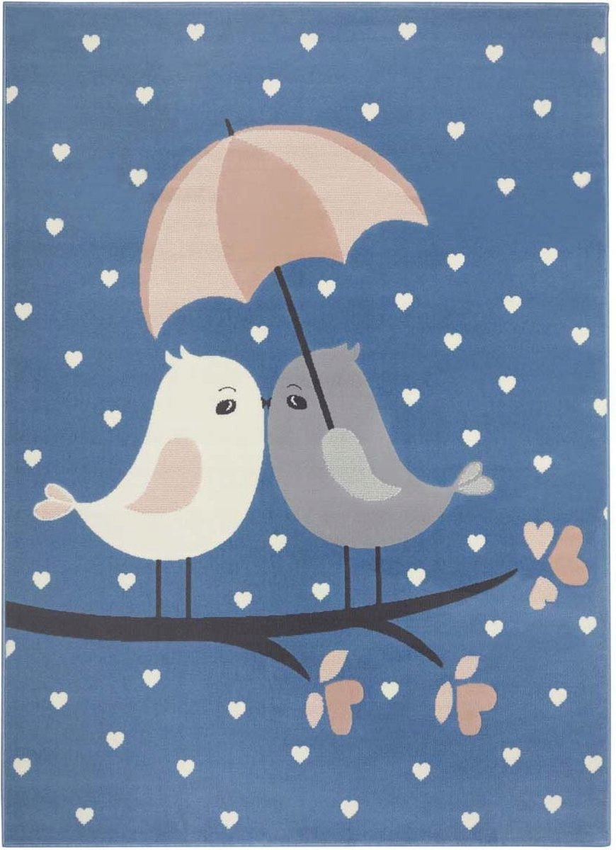 Mäkký modrý detský koberec, vzor – vrabce 160 x 230 cm