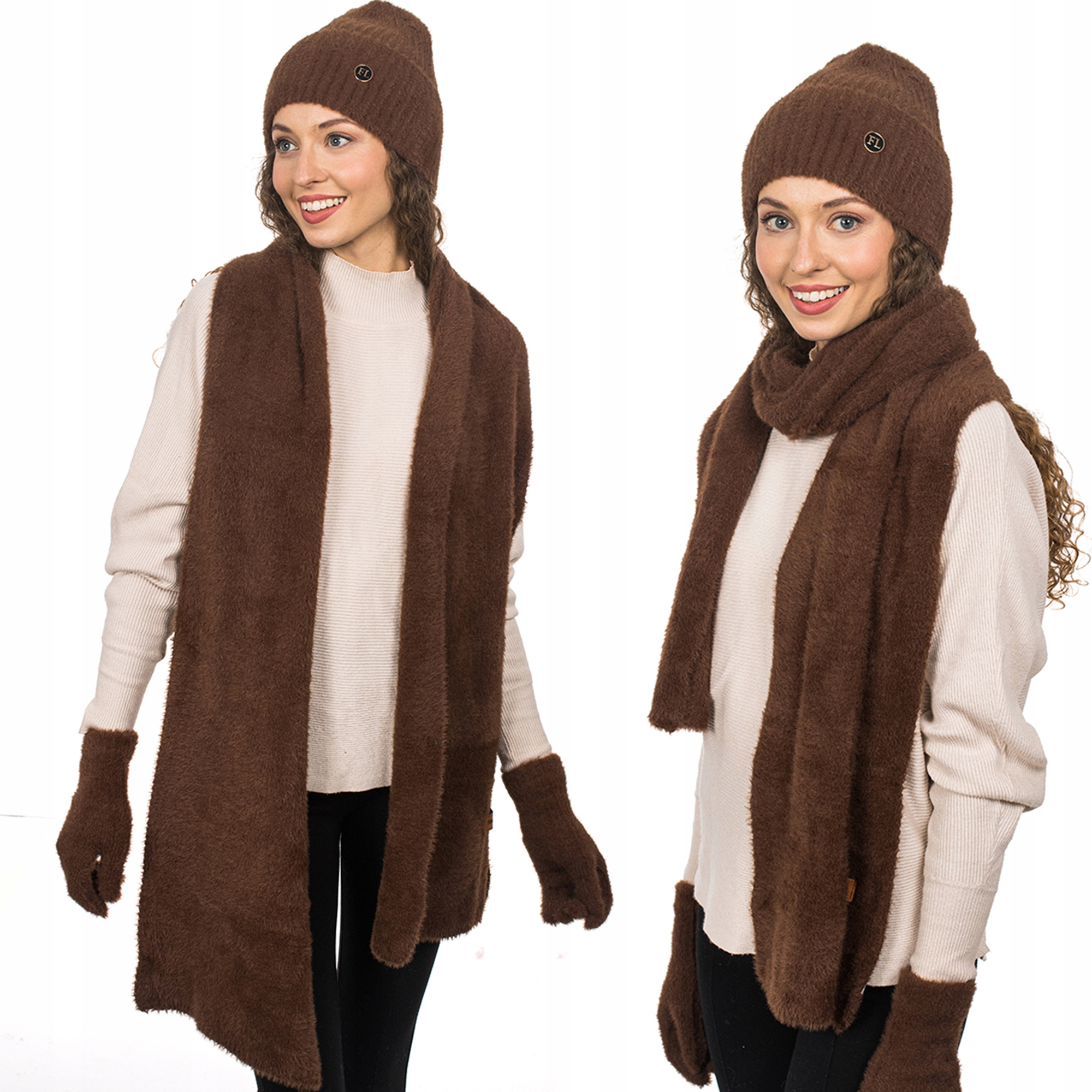 Hnědá Sada: Čepice, Šála a Rukavice 3v1 – Zimní, Teplá, Alpaka