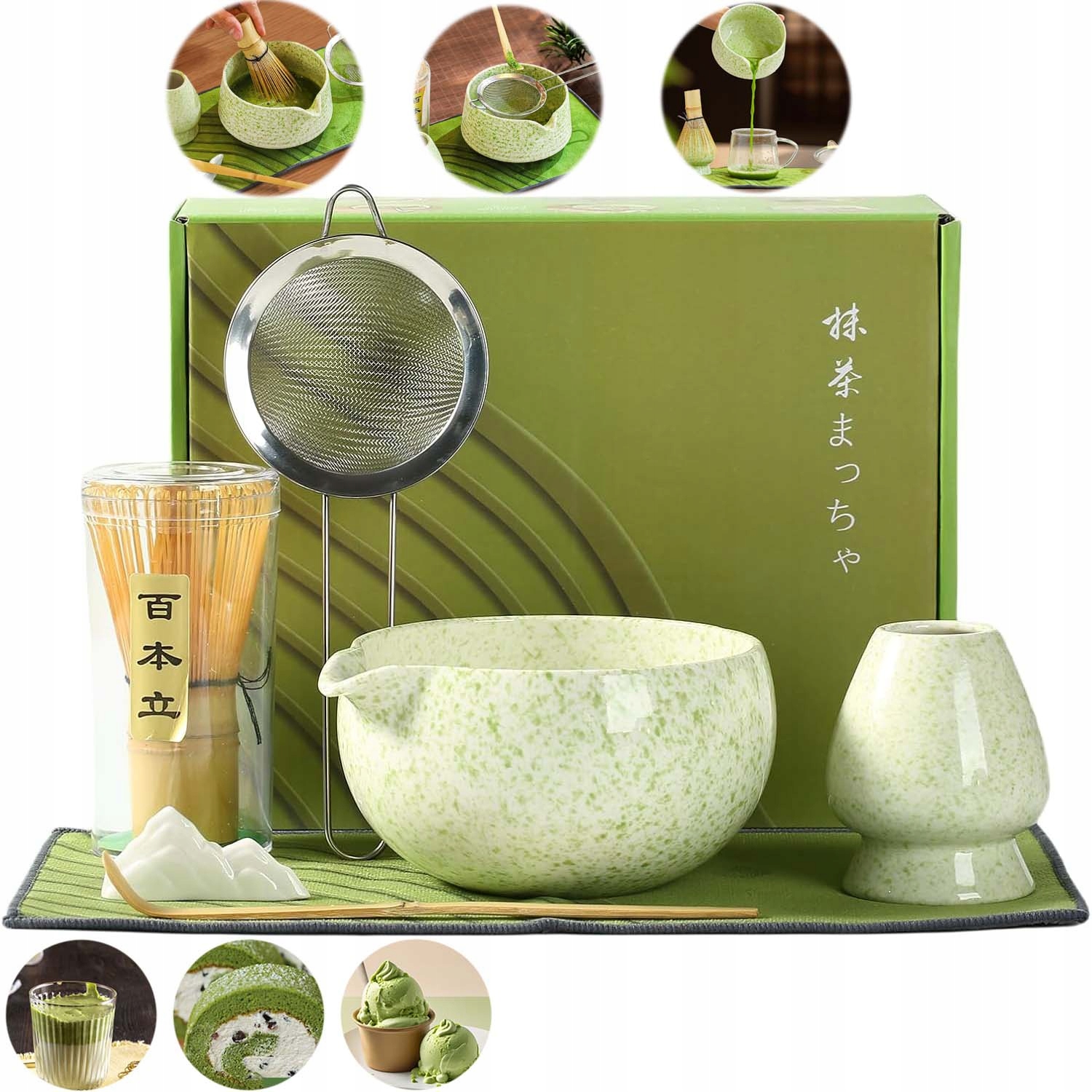 Levně Dárková Sada Na Čaj Matcha Metla Podstavec Lžička 8 Kusů