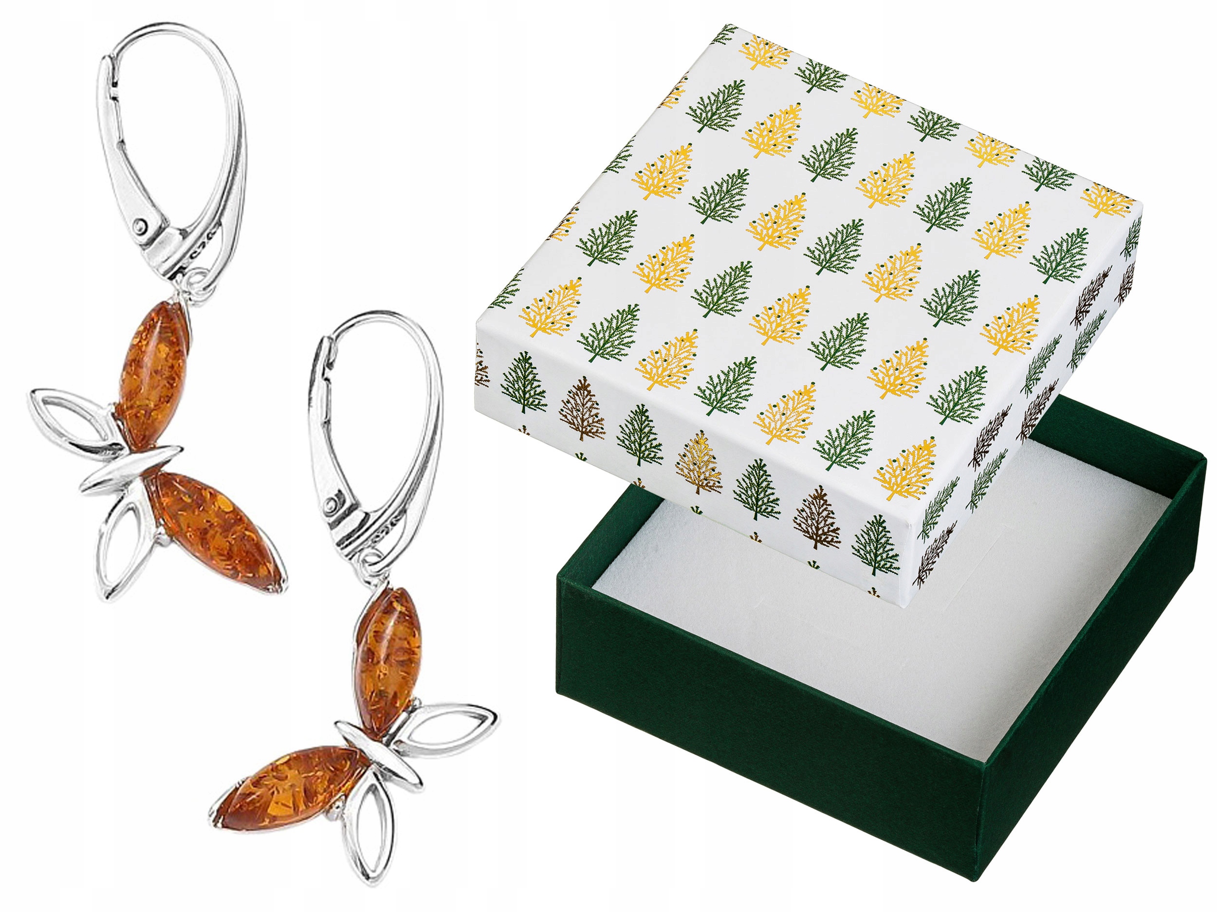 Stříbrné Náušnice Závěsné motýli s jantarem Anglické zapínání Motýlci