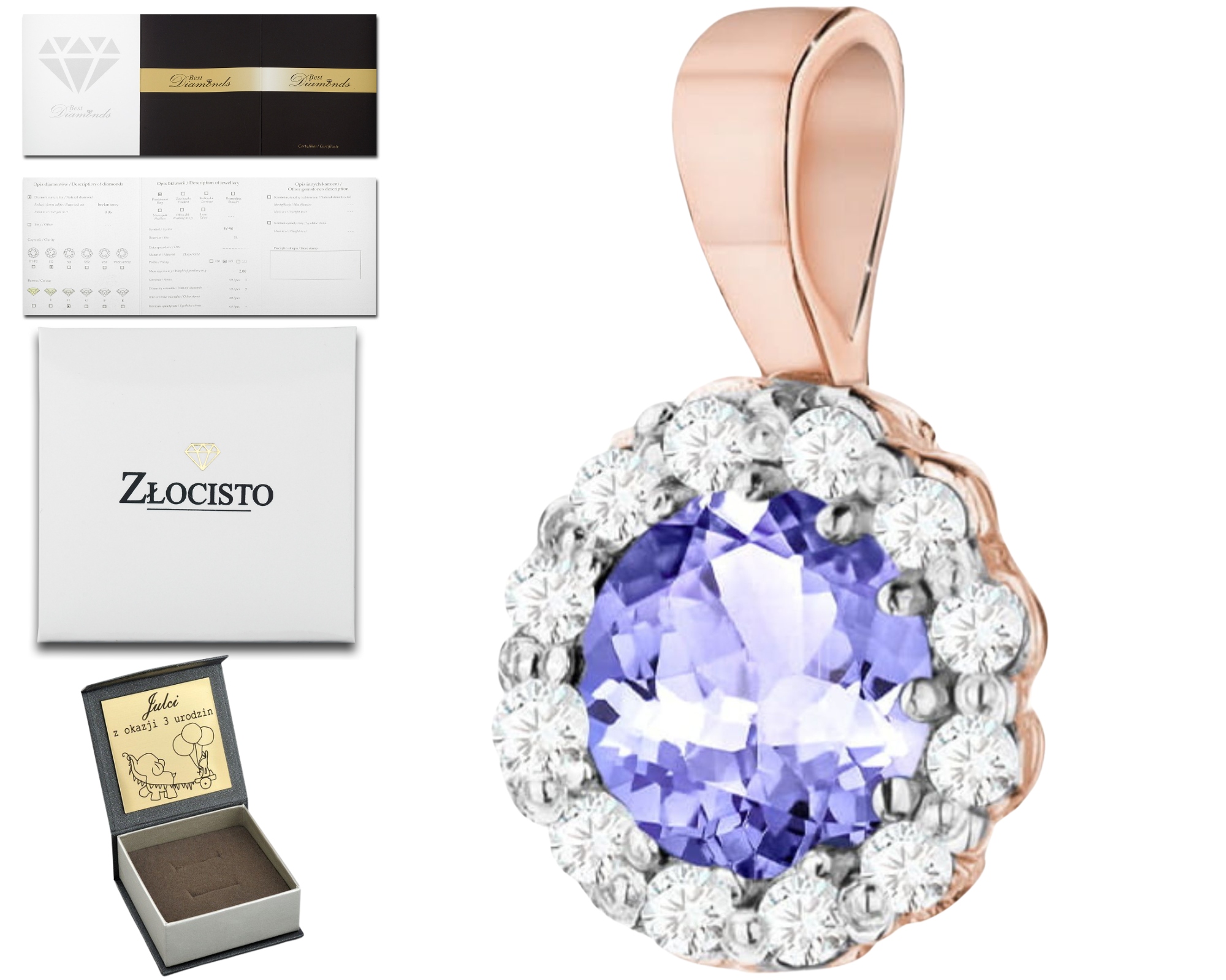 Přívěsek S Tanzanitem A Diamanty Růžové Zlato 585 Gravírování