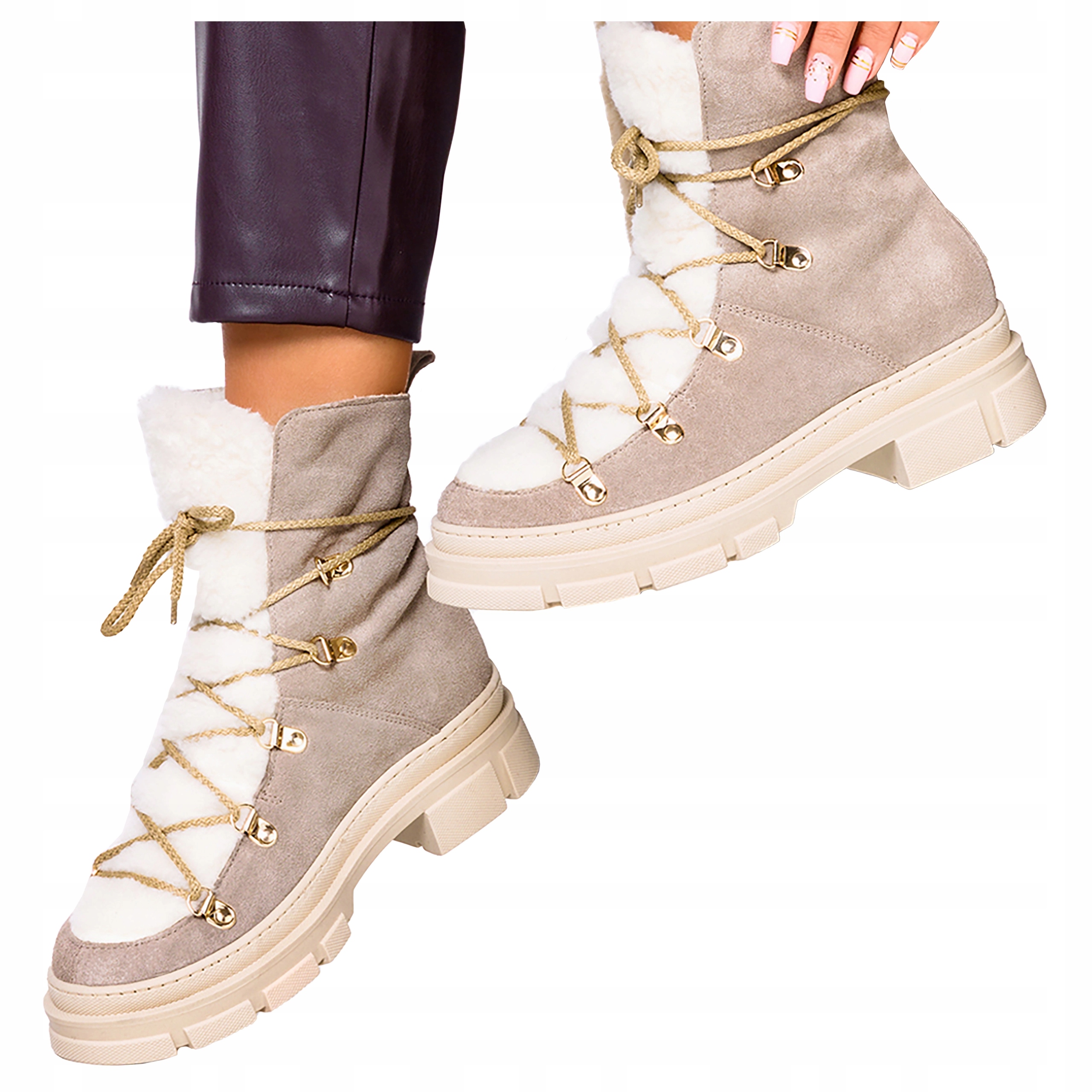Sněhule Kotníkové Boty s kožíškem, béžové, Polský Výrobek, velikost 38