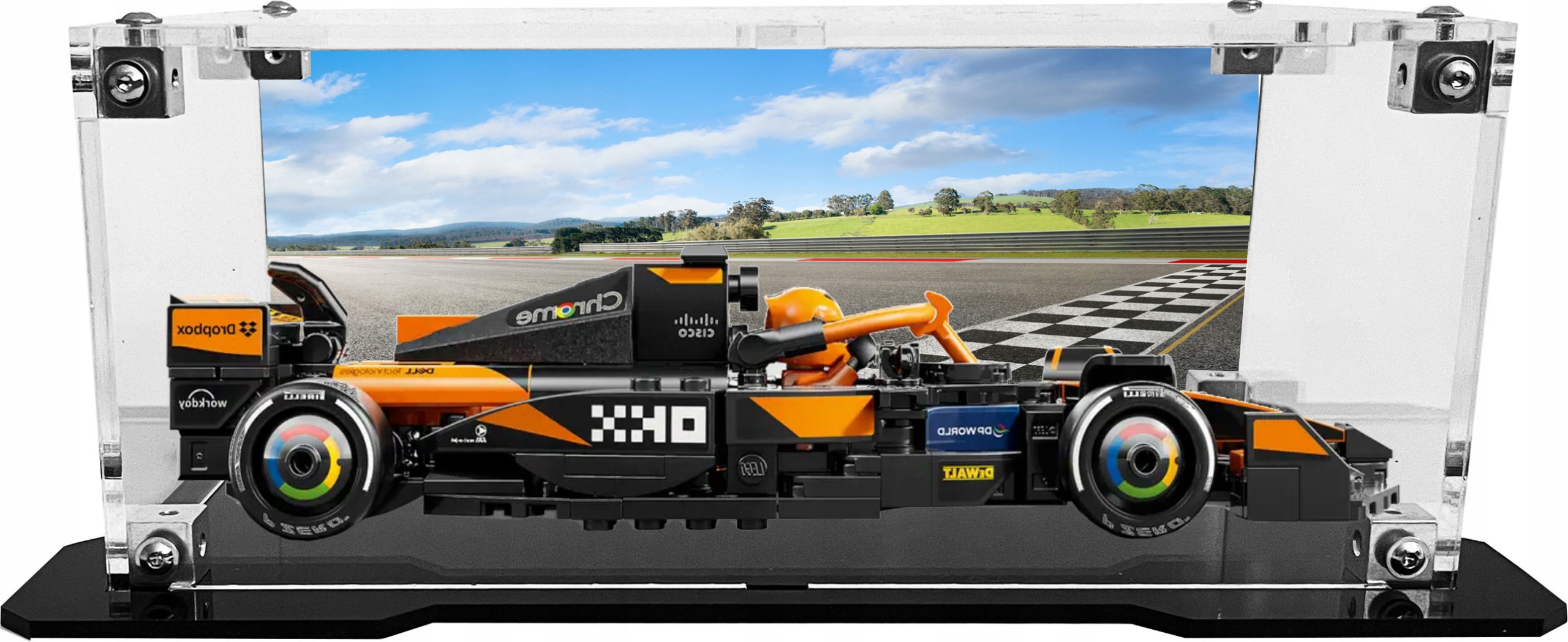 Vitrína s černou základnou a pozadím pro stavebnici Lego 77251 Formule F1 McLaren