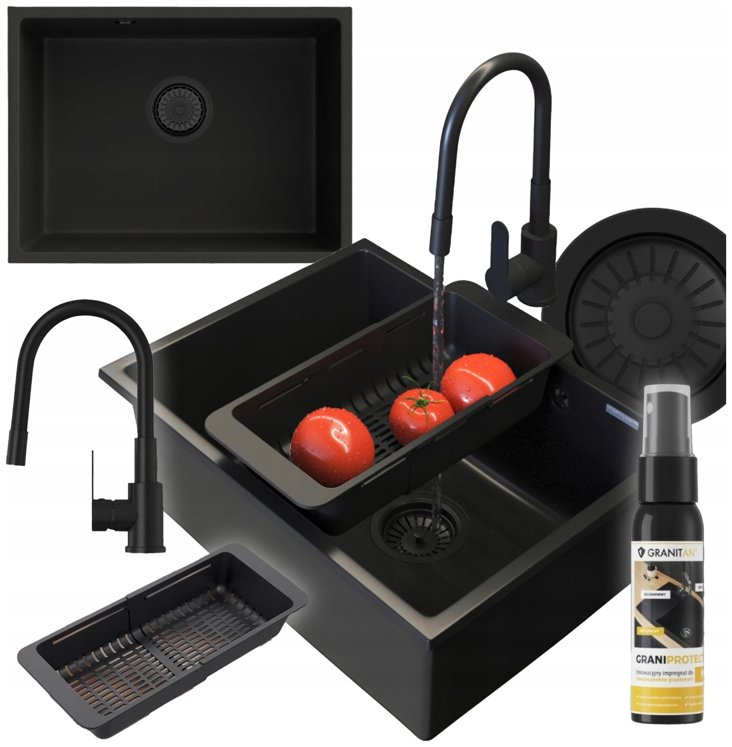 Granitový drez pod dosku čierny Manado 60 sada sifónová batéria