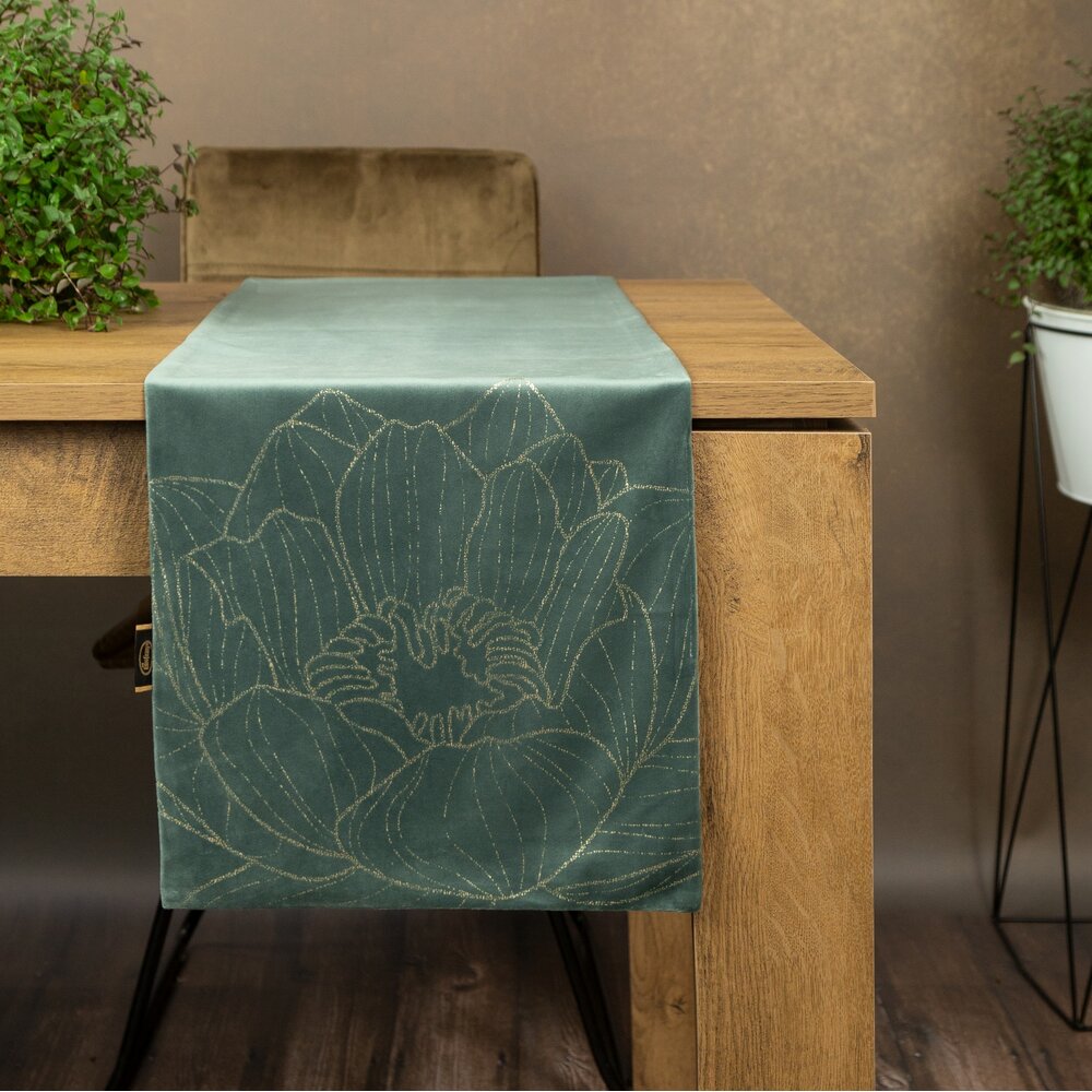 Bieżnik welwetowy 35X180 c. miętowy w duży złoty kwiat Typ bieżnik