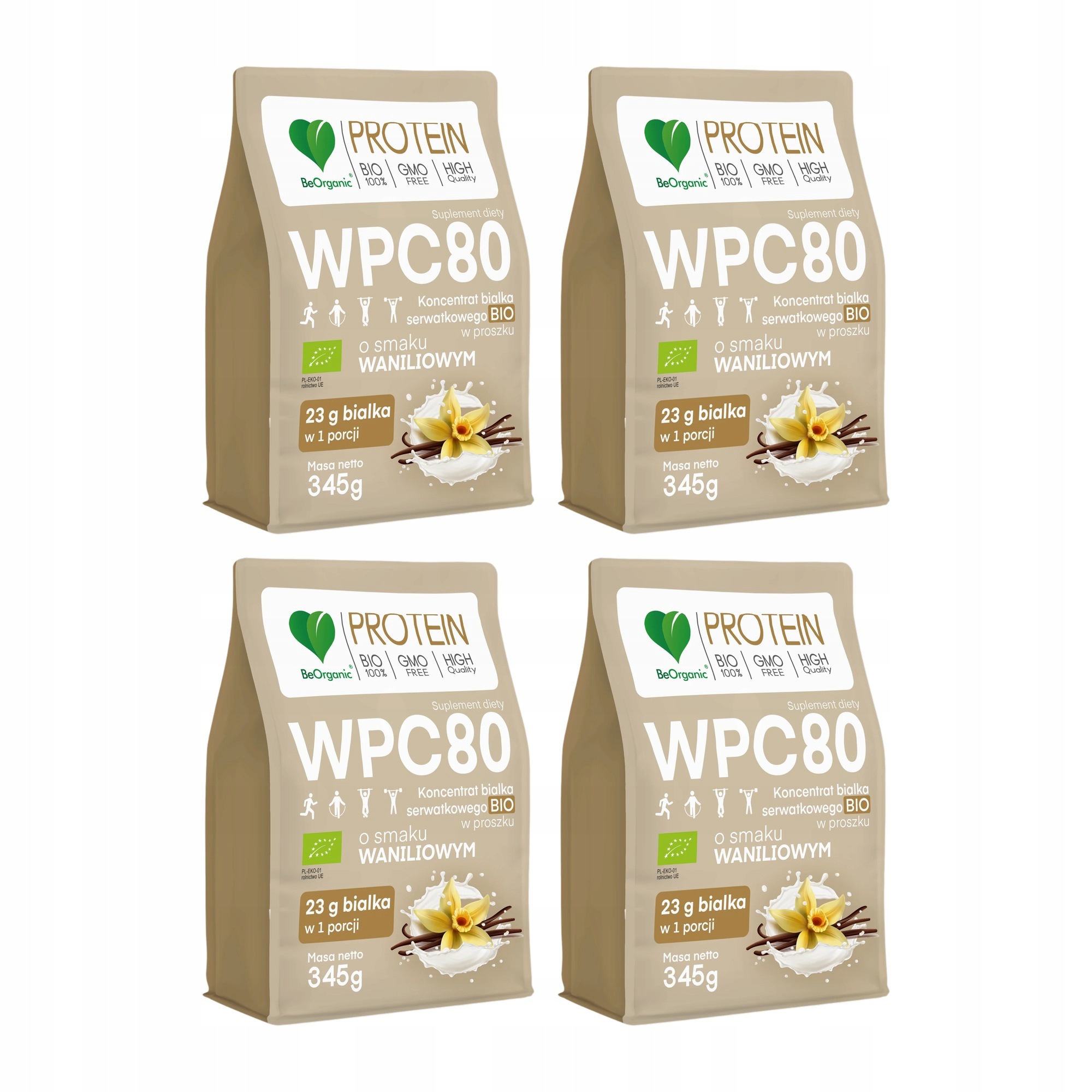 4x BeOrganic Syrovátkový Protein Wpc 80 Vanilka 345 g Protein