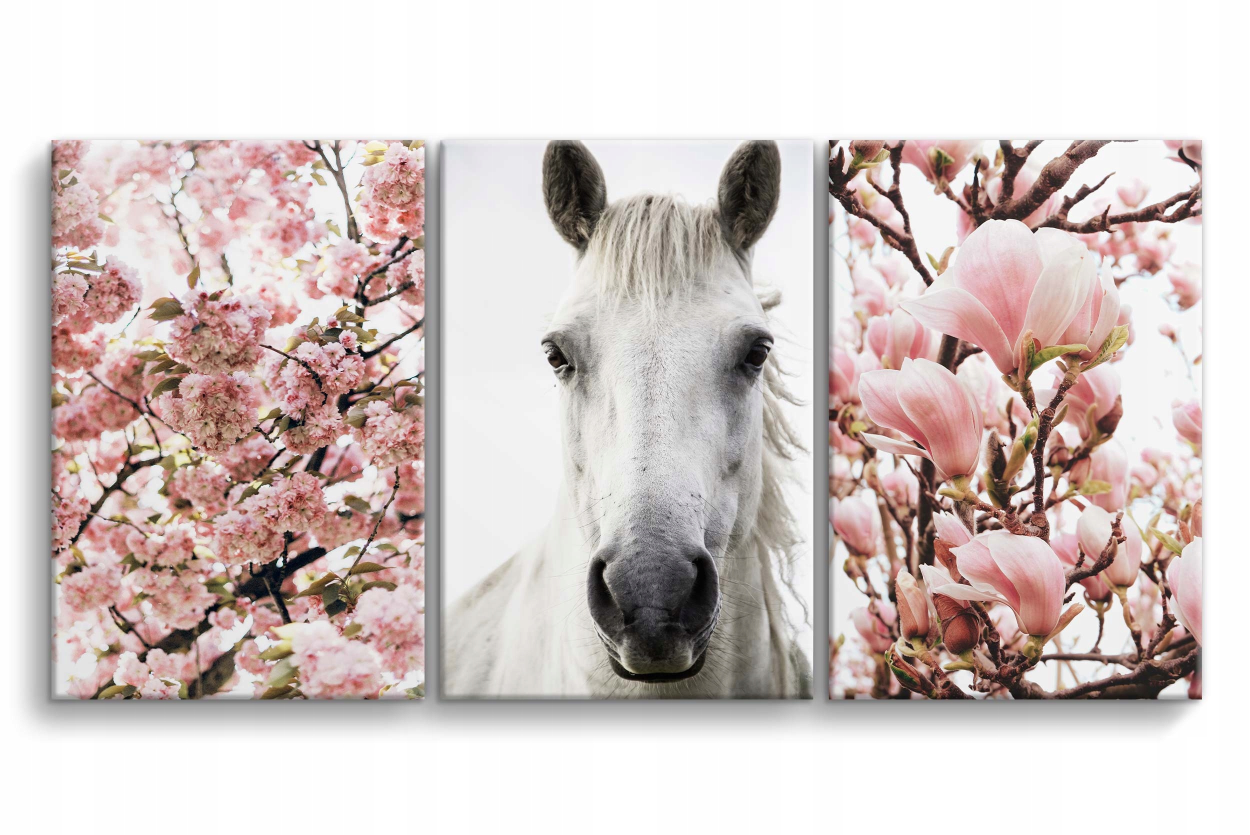 Obrazy na plátně Kůň Růžové květy Triptych na zeď do obývacího pokoje 90x180
