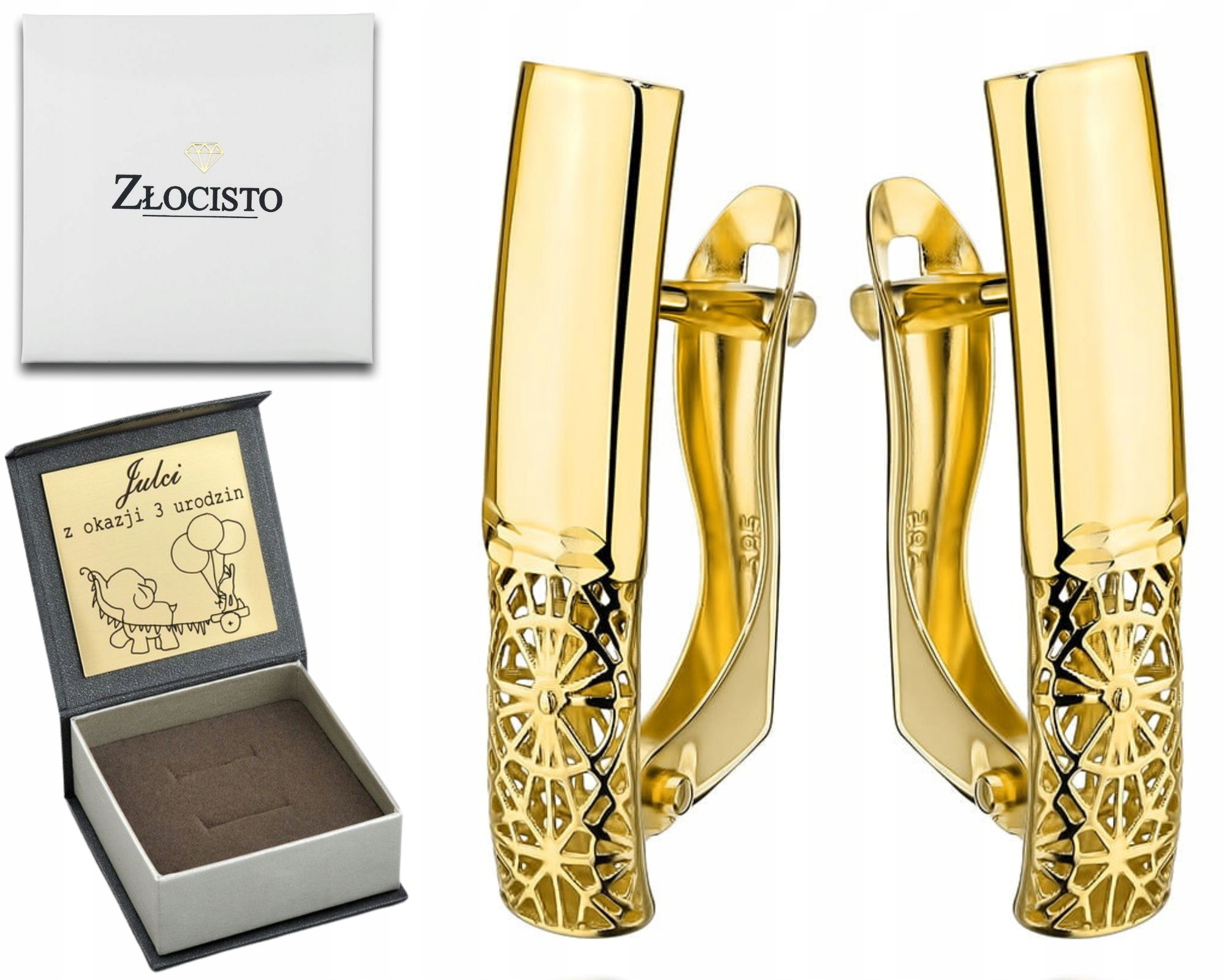 Zlaté Náušnice S Obdélníkovým Zdobením A Ažurovým Vzorem