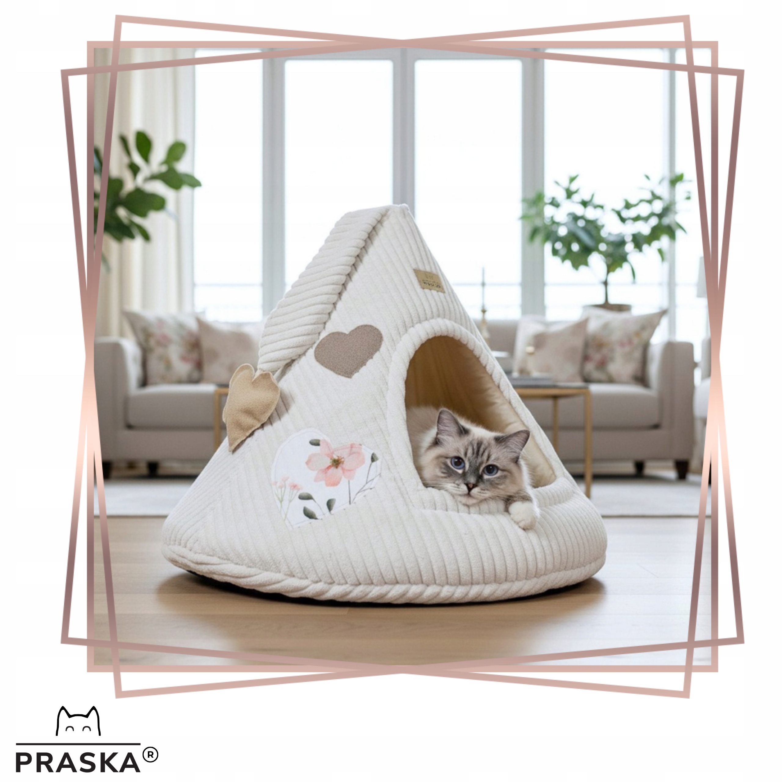 Levně Pražská Pelíšek Budka domeček pro kočky Rattle Cat Cap Love Natural 50x50 cm