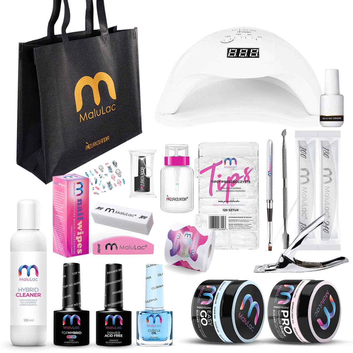 Zestaw do paznokci 14x MaluLac żel top primer oliwka tipsy + LAMPA LED UV