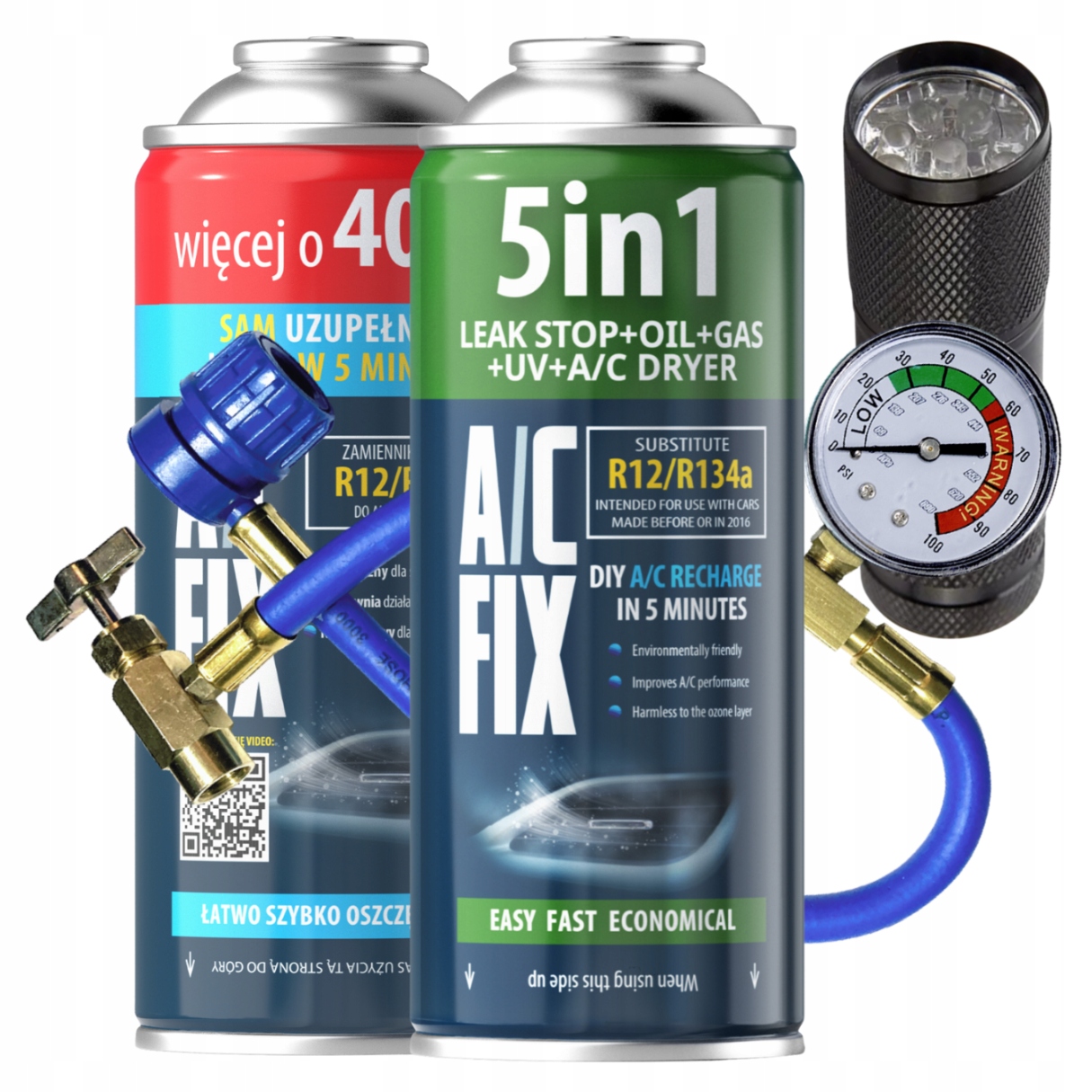 Chladicí médium Ac Fix 5v1 Těsnění 2x Plyn R134a Kabel Svítilna