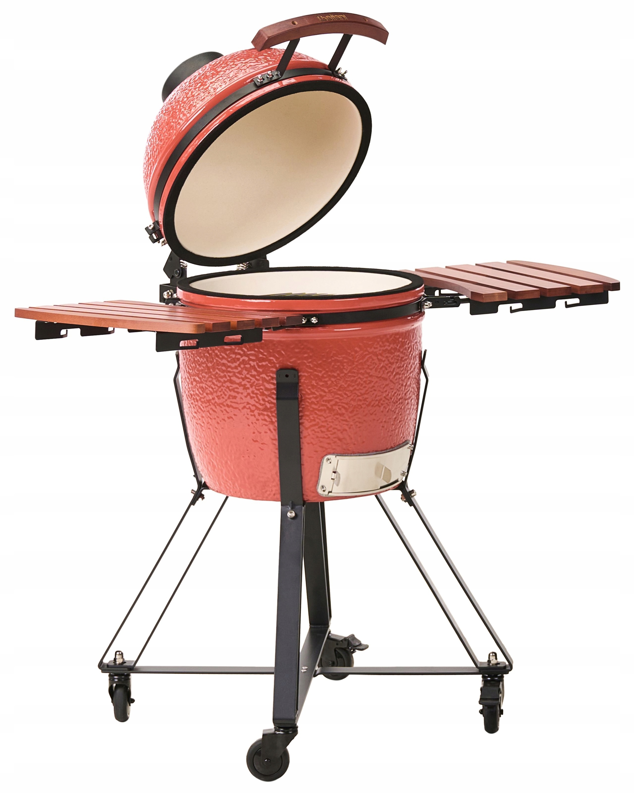 Grill węglowy ceramiczny czerwony na tle ogrodu