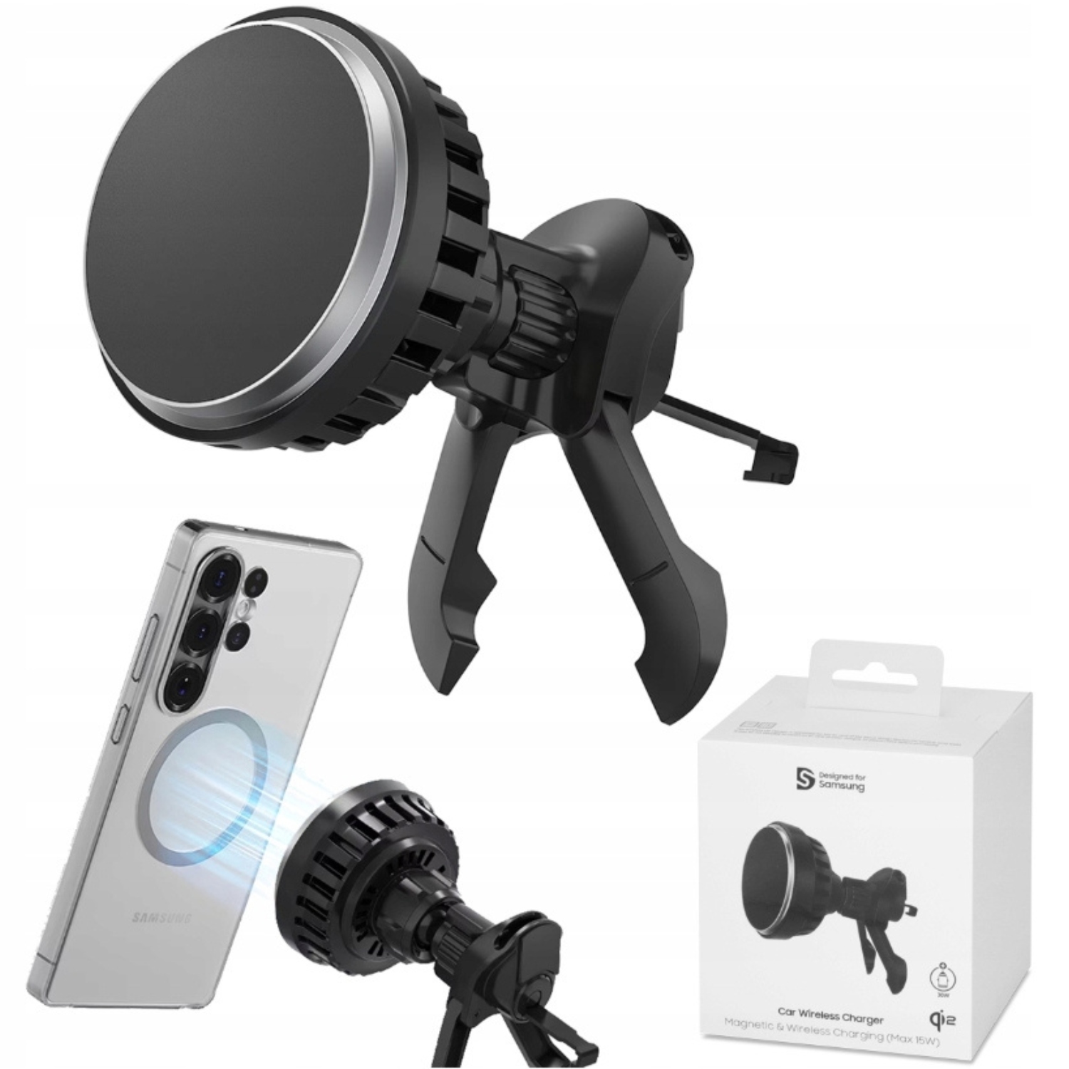 Uchwyt magnetyczny Samsung GP-PWU025WIBBW z ładowarką bezprzewodową 15W 2A