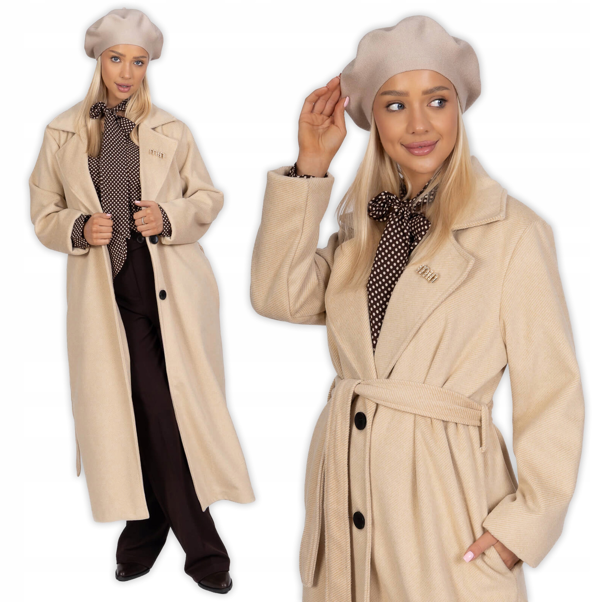 Dlouhý dámský kabát s páskem a zapínáním na flaušový knoflík J.Béžový Uni