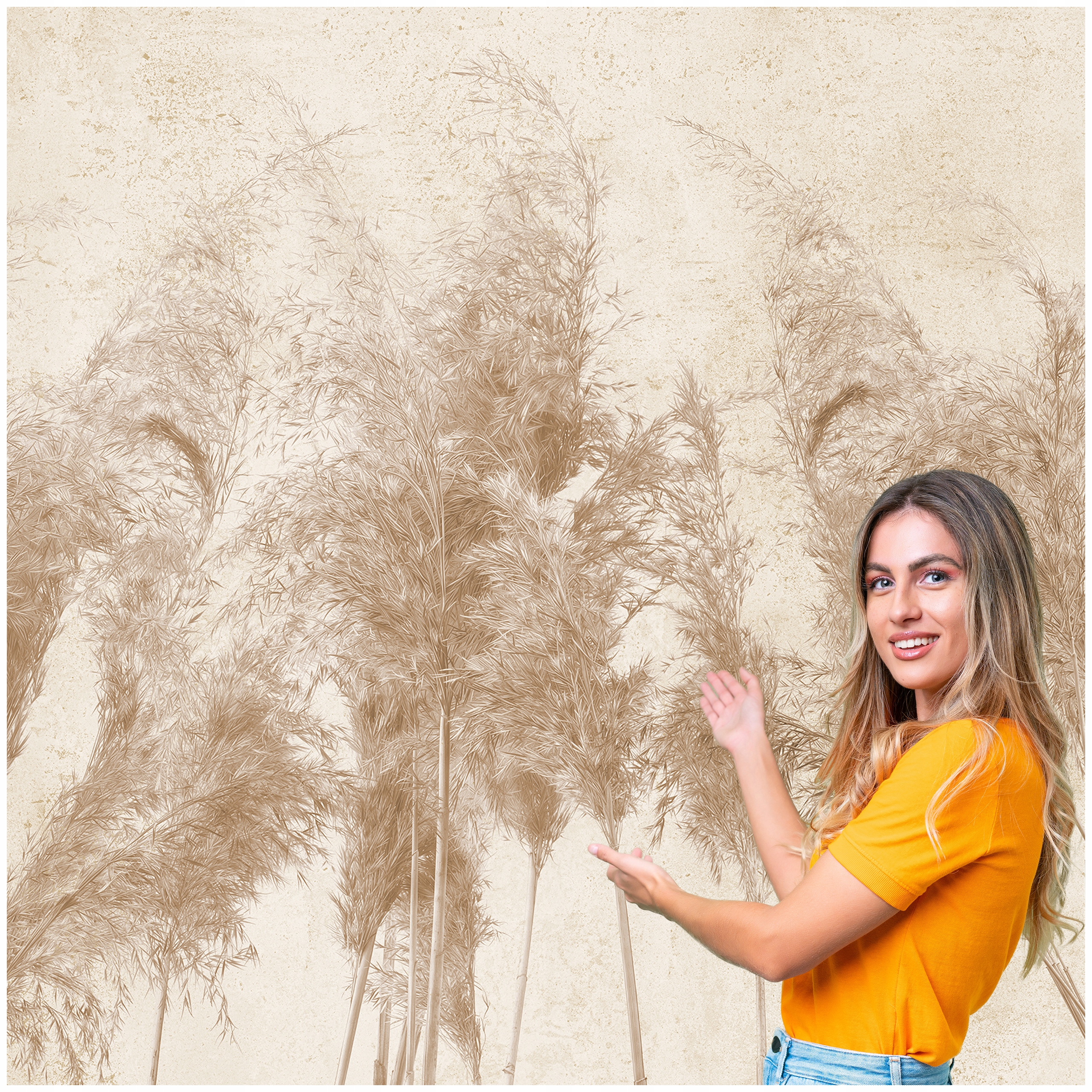 Fototapeta 3D Obývací Pokoj Ložnice Boho Tráva Listy Beton Loft 196x260 BKLB04F