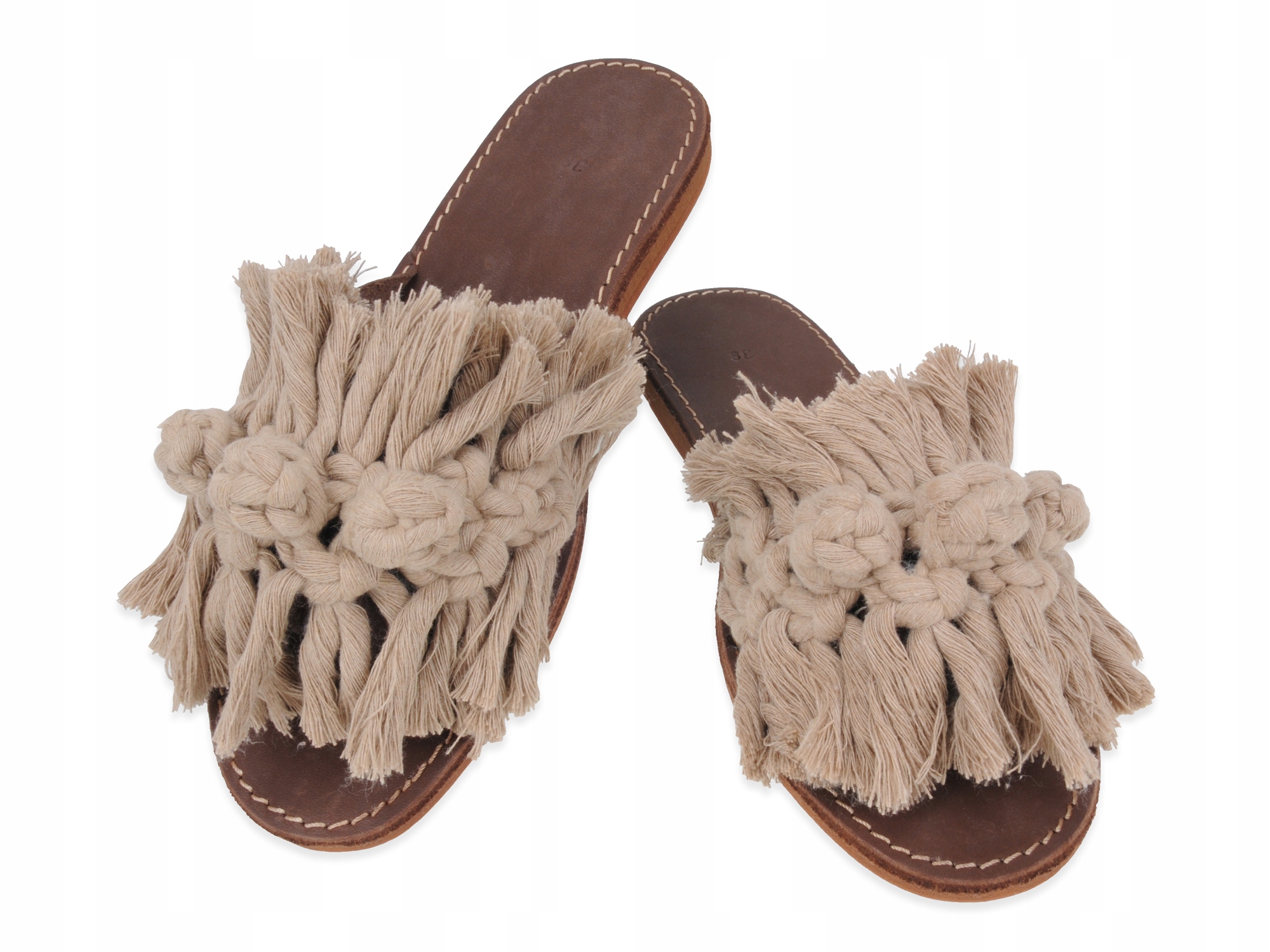 

Skórzane klapki Boho na plażę polskie makrama 37