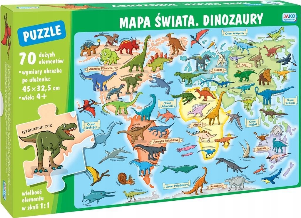 

Puzzle 70 Elementów. Mapa Świata. Dinozaury