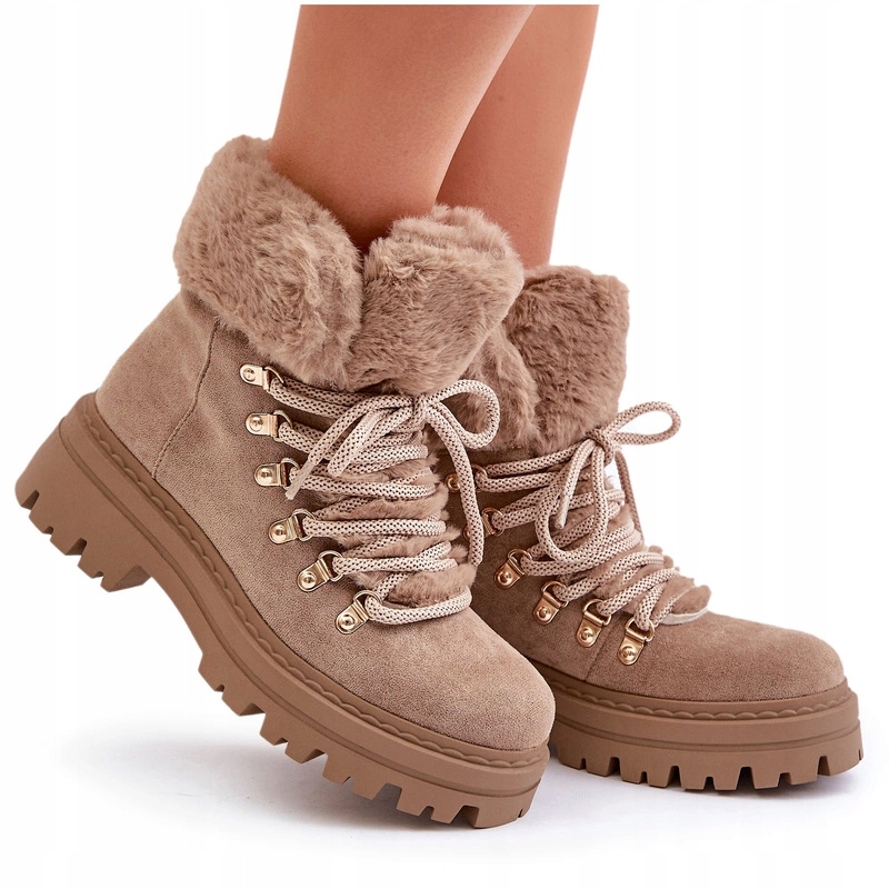 Dámské Šněrovací Trapery S Eko Kožešinou, Semišové, Tmavě Béžové, Velikost 36