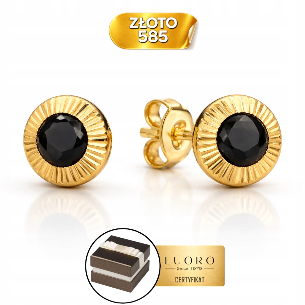 Náušnice Zlaté 585 14K Syntetický Onyx Diamantová Kolečka 6 MM Tužka