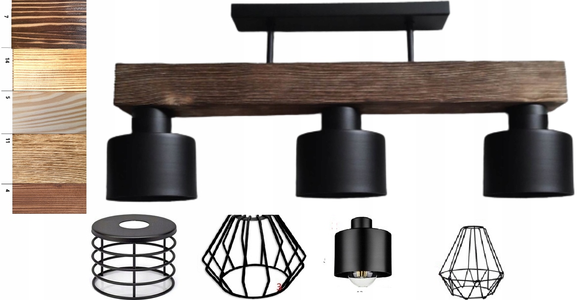 Lampa lustr robustní dřevo 3xE27 silná tyč 7x7 cm Loft Černá drátěnka