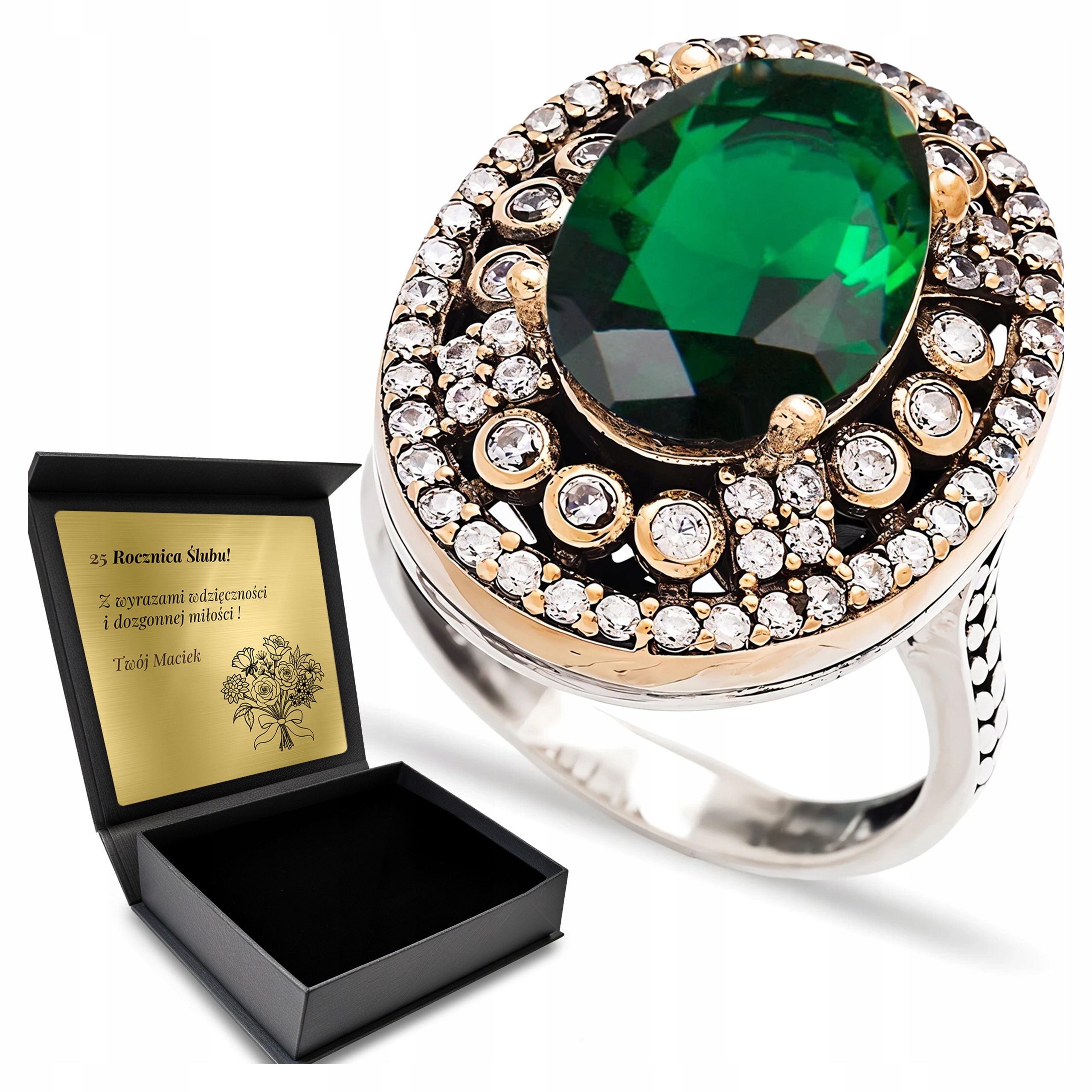 Prstýnek 925 Zirkony A Smaragd Dárek k Valentýnu Gravírování