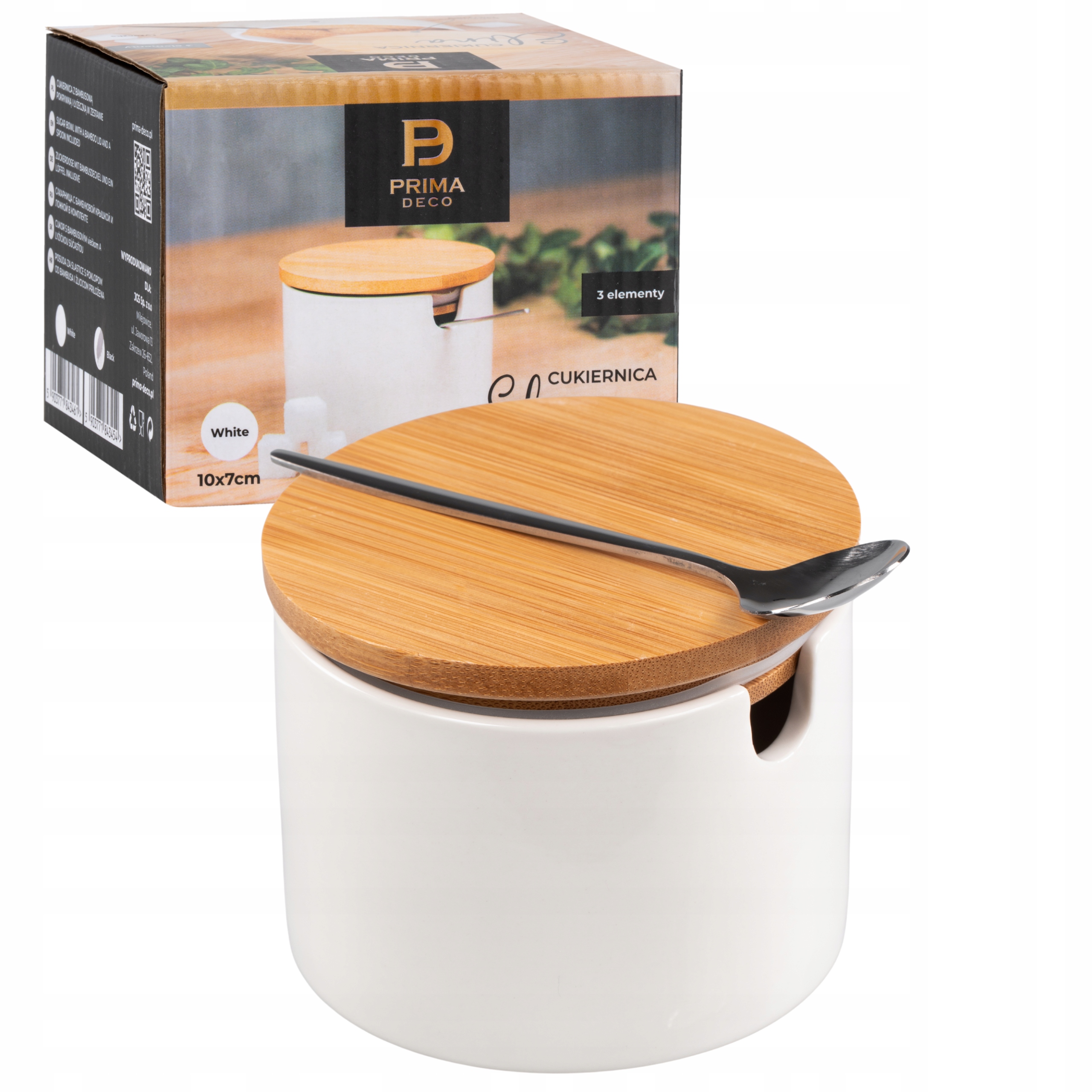 CUKIERNICA PORCELANOWA CUKIERNICZKA BIAŁA Z POKRYWKA BAMBUSOWĄ I ŁYŻECZKĄ