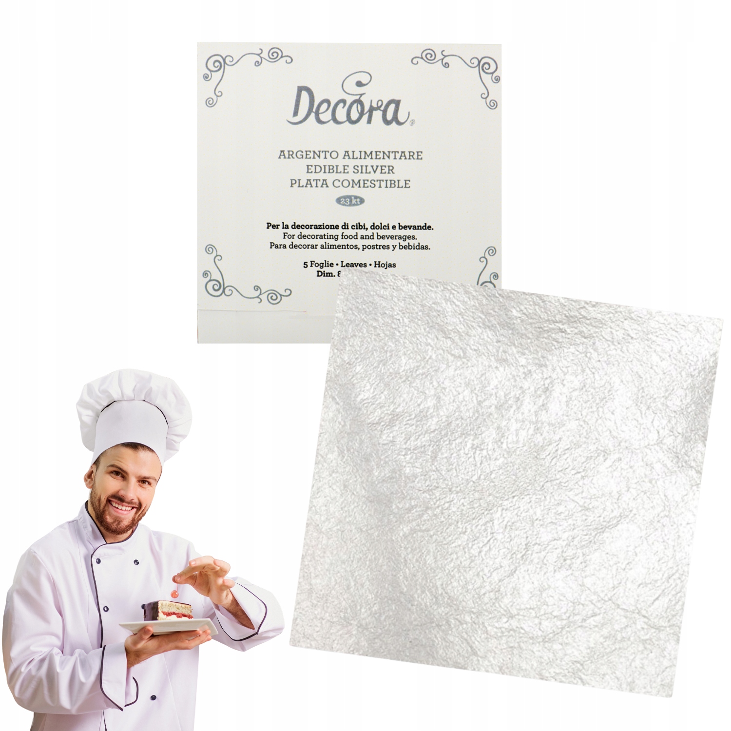 Jadalne Srebro w płatkach 5 arkuszy 23 karaty Decora Dekoracja tortu ciast