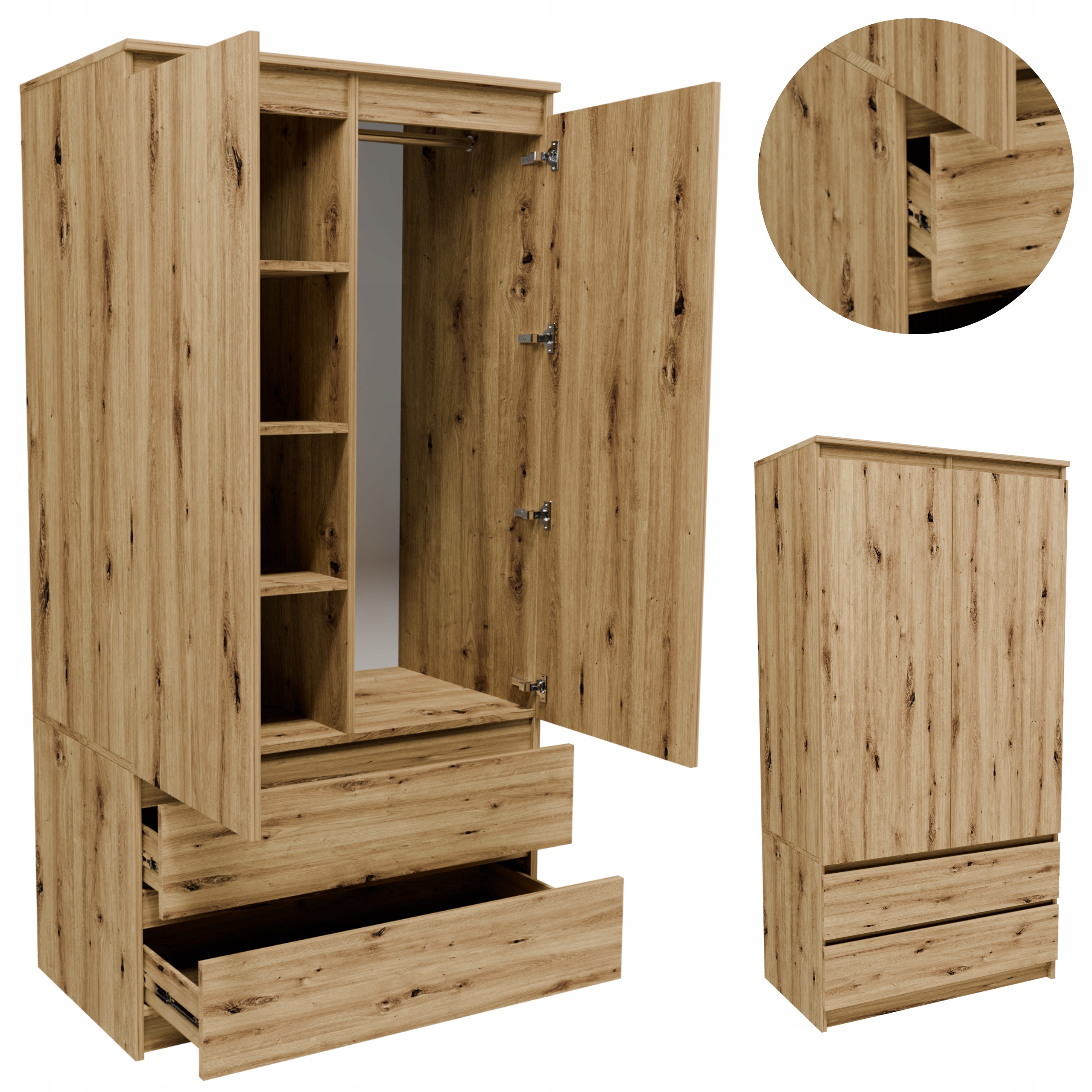 Skříň S902D2SZART artisan 90 cm šatní skříň, regál, zásuvky, věšáková tyč